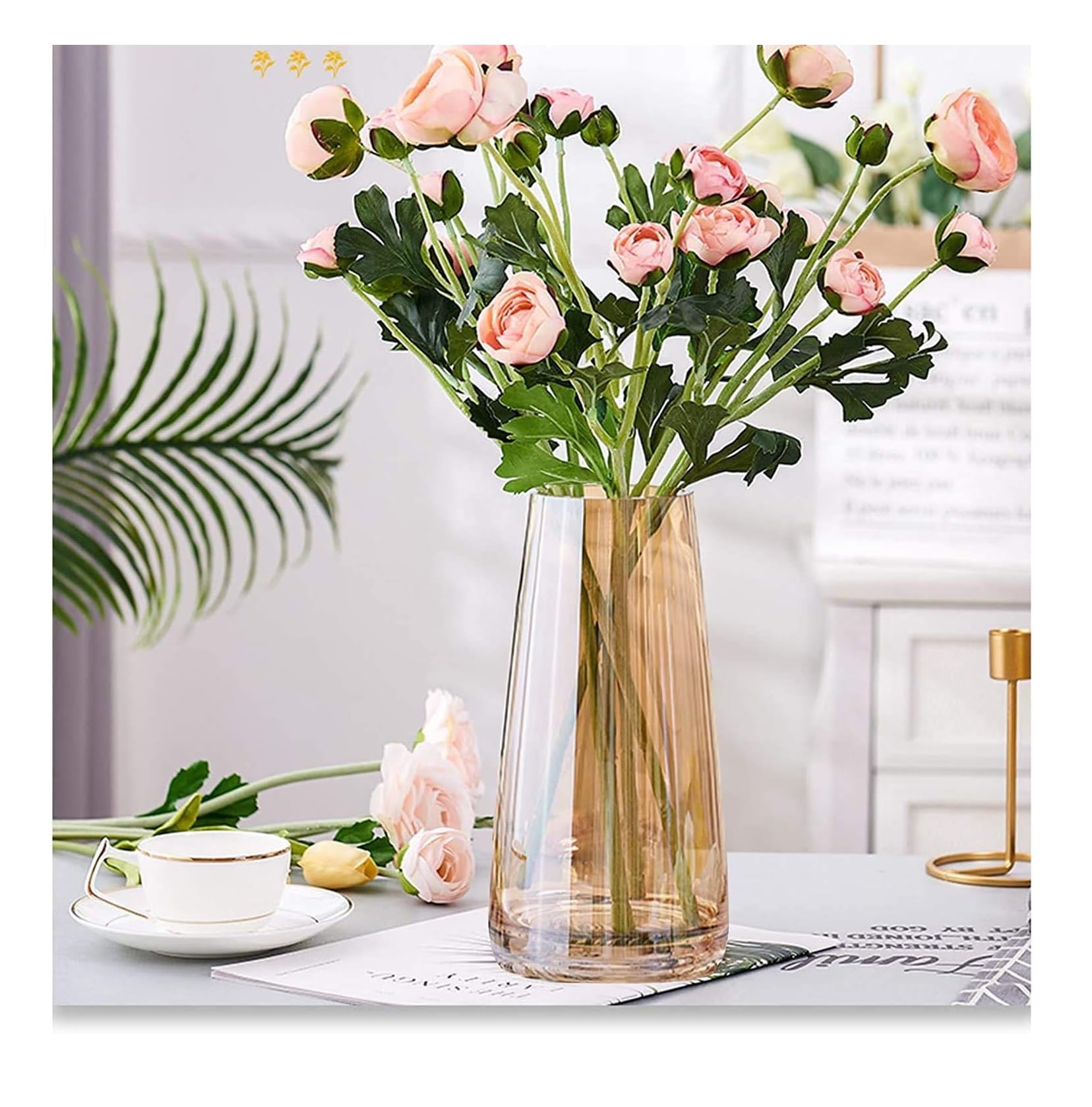 SPHINX 9 Inch Modern Glass Vase for Flowers & Plants - Crystal Amber Decorative Vase for Home, Office & Living Room Table Decor - Elegant Luster Glass Vase for Centerpieces, Wedding Decor & Interior Design