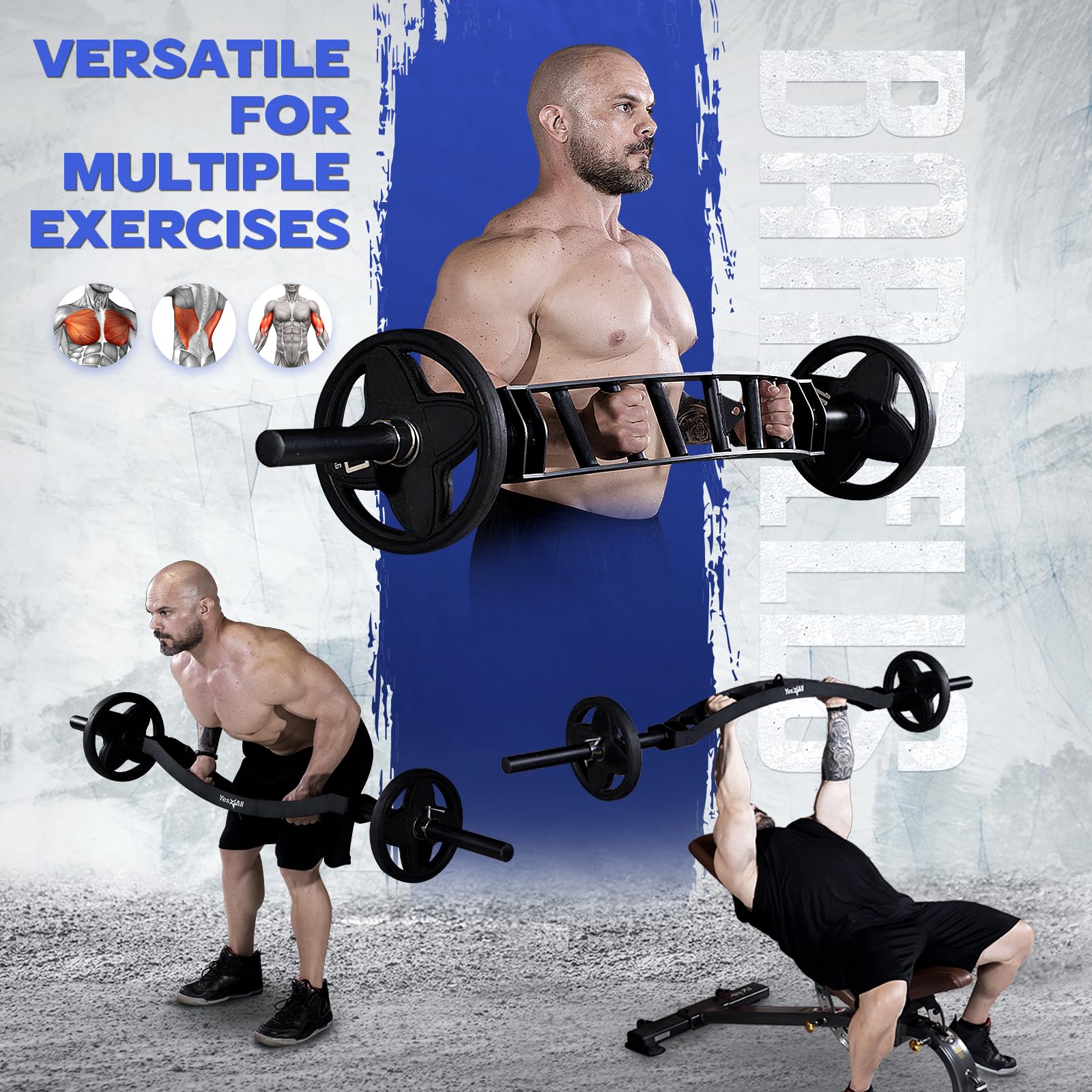 Yes4All Multi-Grip Barbell & Cable Attachment – Swiss Bar & American Bar for Full Range of Motion, Includes 2 Collars, Compatible with Olympic Weight Plates – Perfect for Home Gym, Strength Training, Pressing, Lifting & Bicep Curls – Ideal for CrossFit, Powerlifting & Functional Fitness Workouts