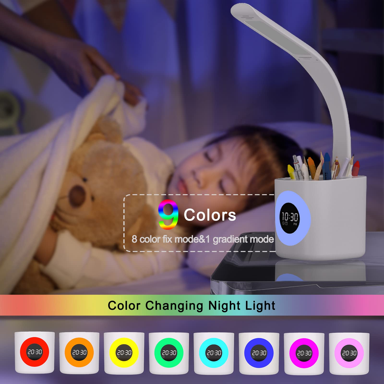YOUKOYI LED Desk Lamp with Clock - 10W Dimmable Study Light with 4 Modes & 5 Brightness Levels, Color Changing Nightlight & Pen Holder - Perfect for Kids' Study Room, Home Office & Gift Giving