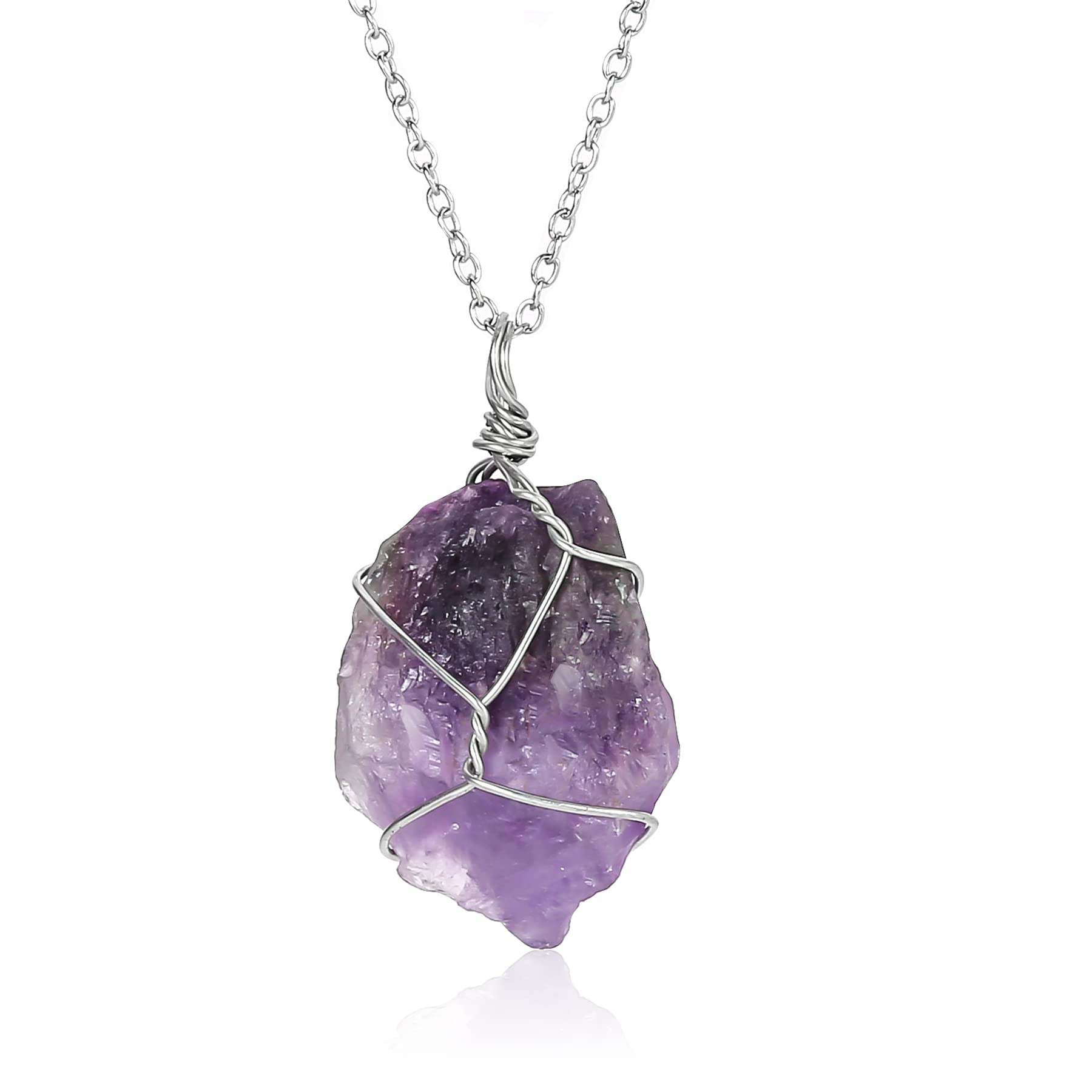 Natural Amethyst Stone Necklace – Handmade Wire Wrapped Raw Crystal Pendant, Reiki Healing Quartz Gemstone Jewelry for Women & Girls (Purple) – Perfect for Meditation, Yoga & Spiritual Gifts