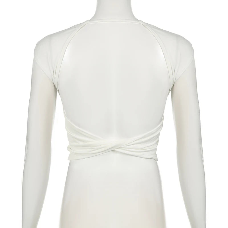 Sexy Backless Twisted Skinny White Cropped Top Tee for Women - Streetwear Casual Basic Shirt for Summer Outfits, Parties & Date Nights