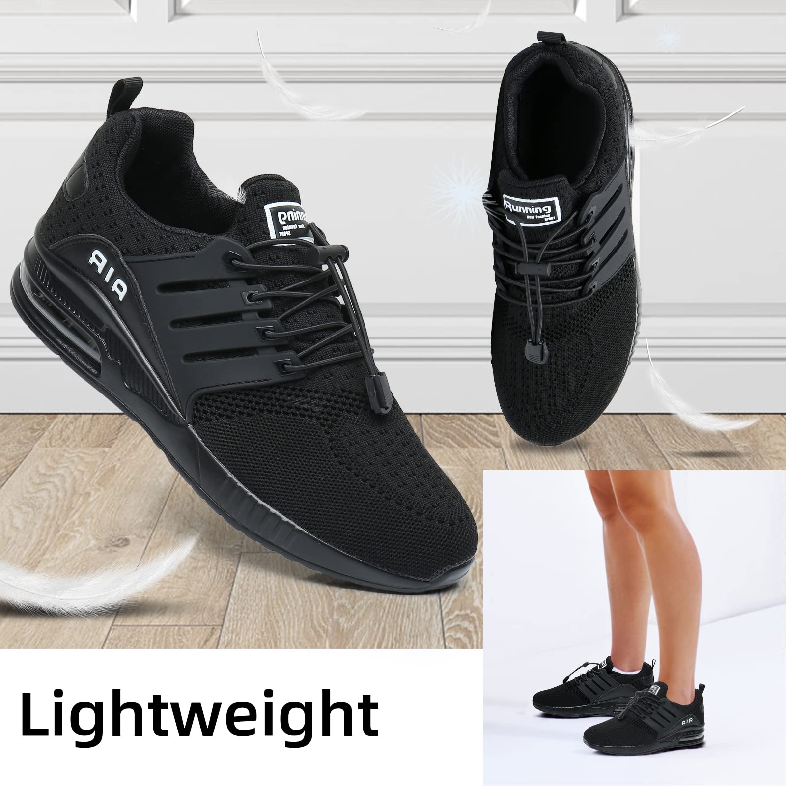 BOGOVER Women's Lightweight Air Running Shoes - Breathable Gym Jogging Tennis Sneakers with Air Cushion, Slip-On No Tie Design (All Black, Size 9) | Perfect for Running, Workouts & Casual Wear