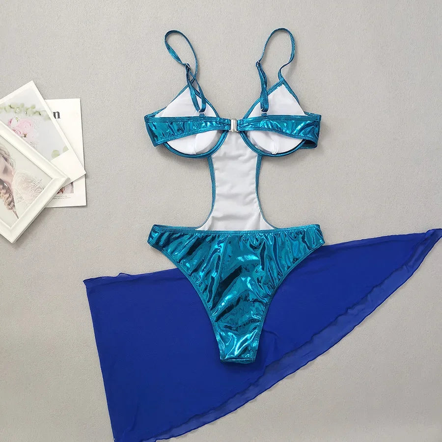 Blue Shiny High Waist Bikini Set with Hollow Out Gauze Skirt - Sexy Backless 2 Piece Swimsuit for Women | Perfect for Beach Vacation, Pool Party & Summer Getaways