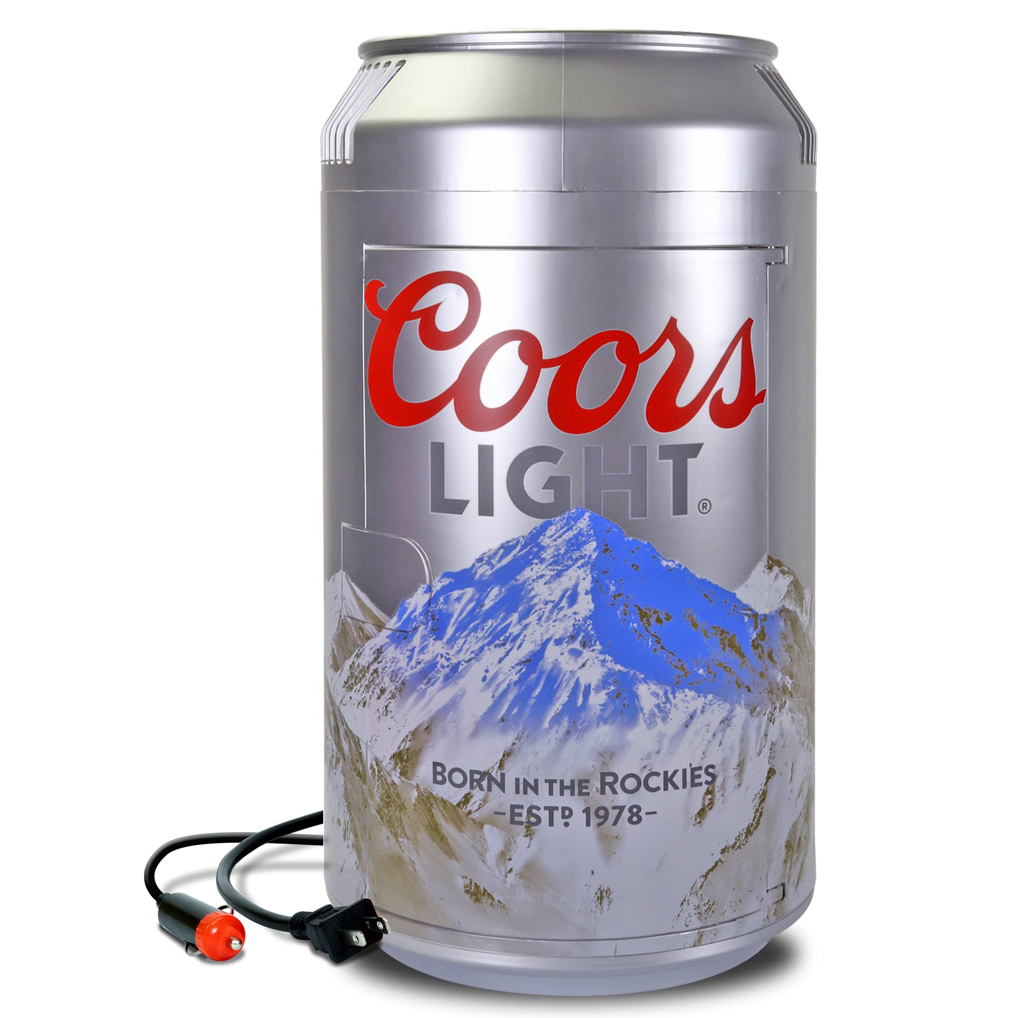 Coors Light 8 Can Portable Mini Fridge - 5.4L (5.7 qt) Beer Can Shaped Cooler with 12V DC & 110V AC Power - Compact Refrigerator for Beer, Soda, Snacks & Drinks - Perfect for Home, Office, Dorm, RV, Travel & Outdoor Activities