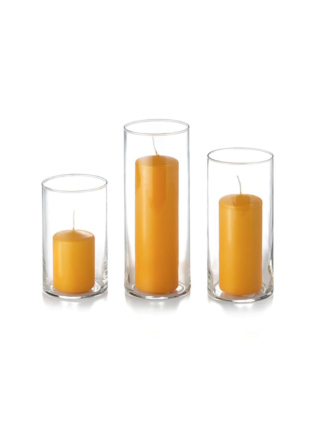 Yummi Set of 12 Slim Pillar Candles and Cylinder Vases in Harvest Gold - Perfect for Weddings, Home Decor, and Romantic Dinner Settings