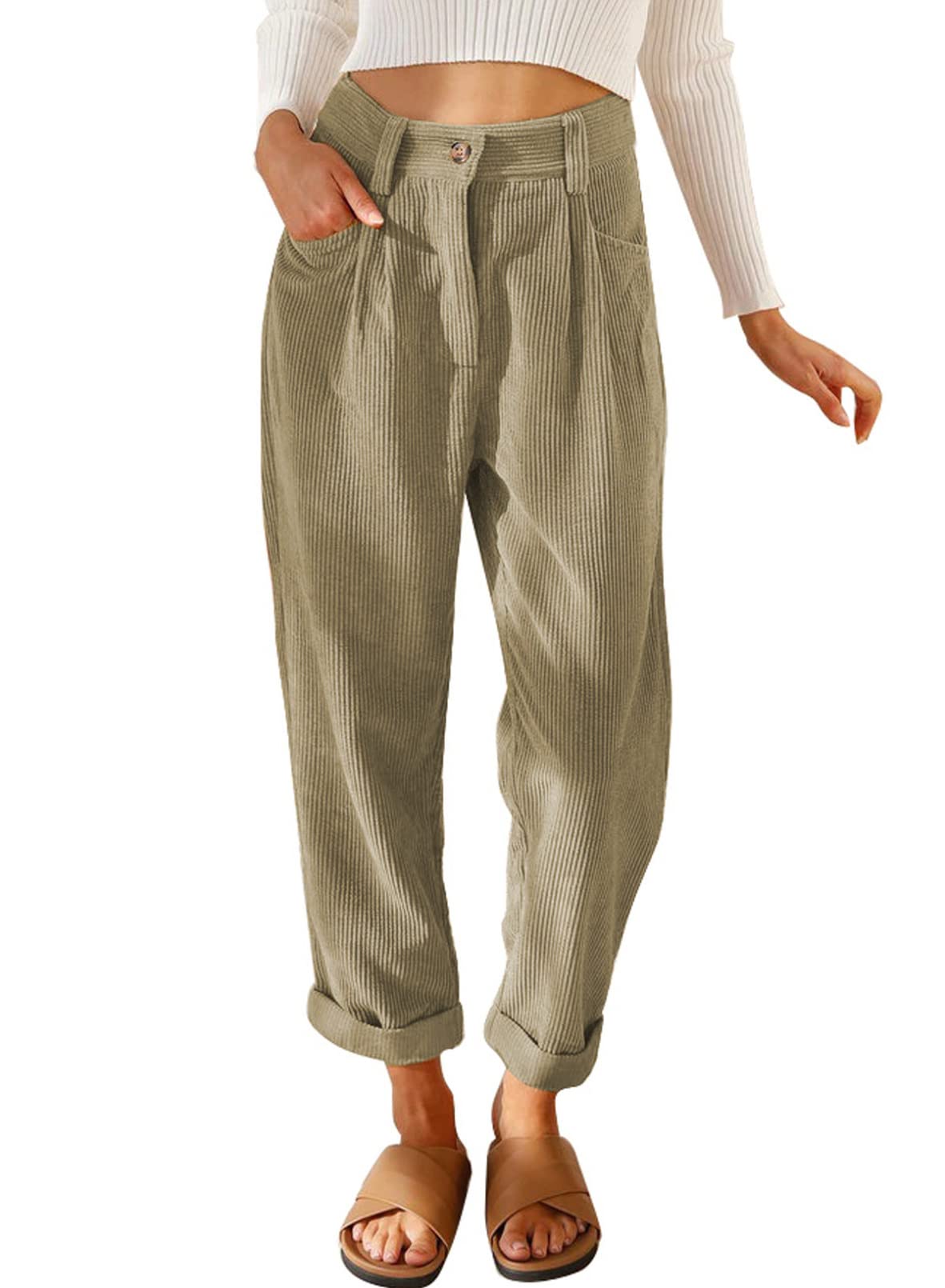 EVALESS Women's High Waisted Corduroy Pants - Straight Leg Casual Trousers with Pockets | Comfortable Loose Fit for Work, Travel & Everyday Wear