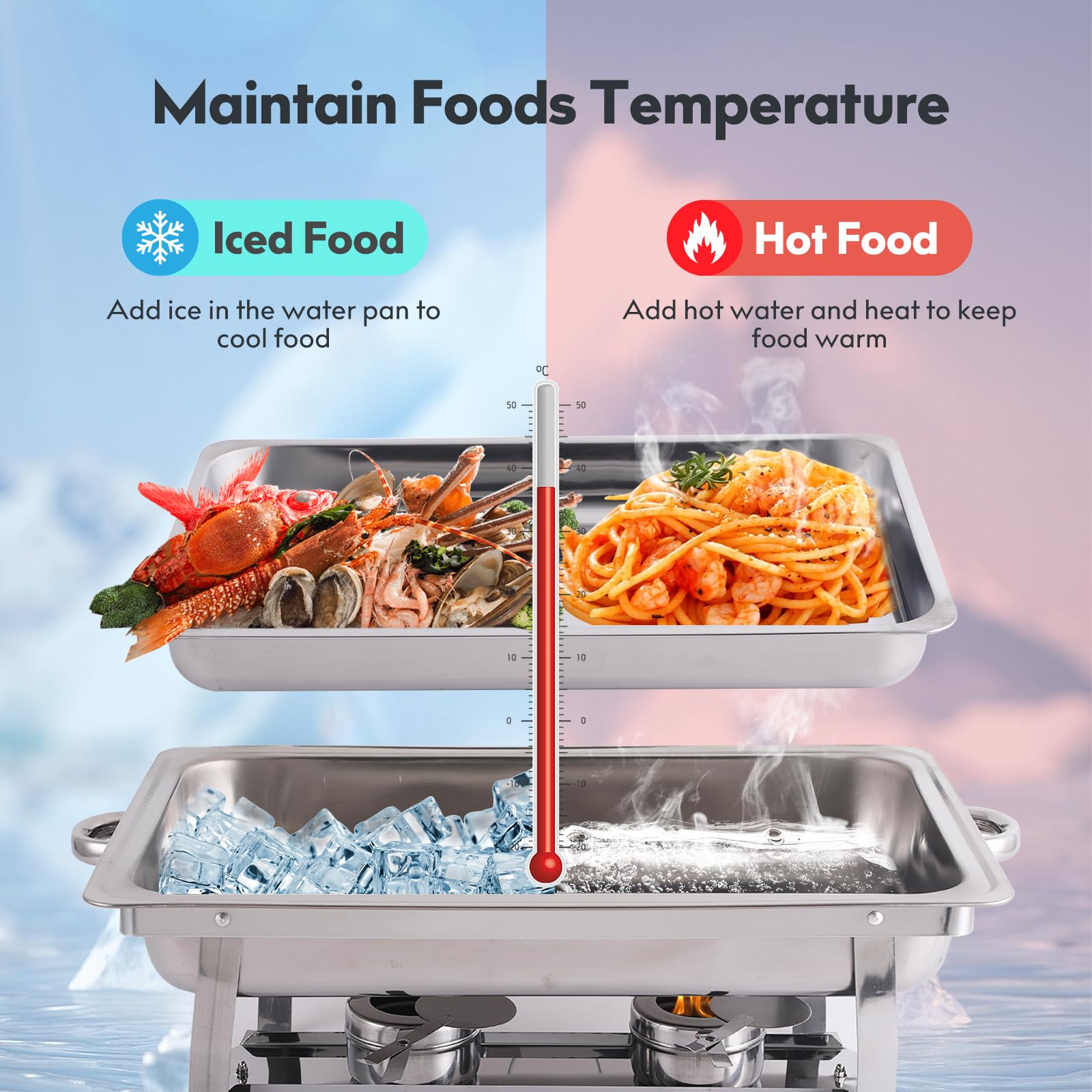 4 Pack 8QT Stainless Steel Chafing Dish Buffet Set - 2 Full Size, 2 Half Size & 3 1/3 Size Food Pans - Catering Food Warmers for Party, Wedding, Banquet, Buffet & Catering Events - Perfect for Keeping Food Hot at Events, Restaurants & Home Entertaining