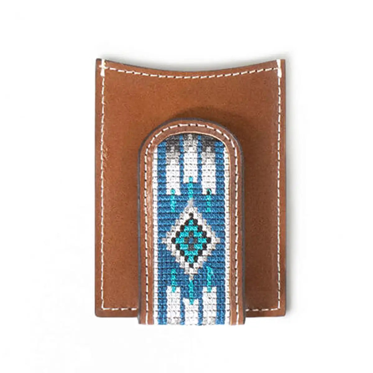 Ariat Southwest Inlay Money Clip for Men - Genuine Leather Brown & Blue Western Style Wallet Accessory - Perfect for Cowboy Boots, Jeans & Ranch Wear