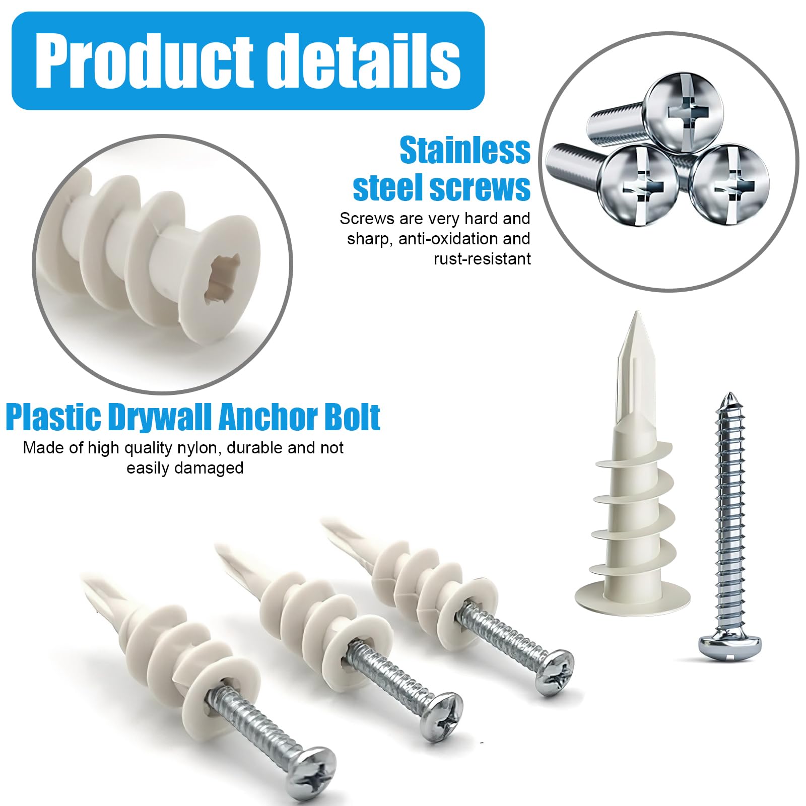 50 Pcs Self-Drilling Drywall Anchors with Screws - Heavy Duty Nylon Sheetrock Anchors for Hanging Pictures, Shelves & Mirrors (#8 x 1.3