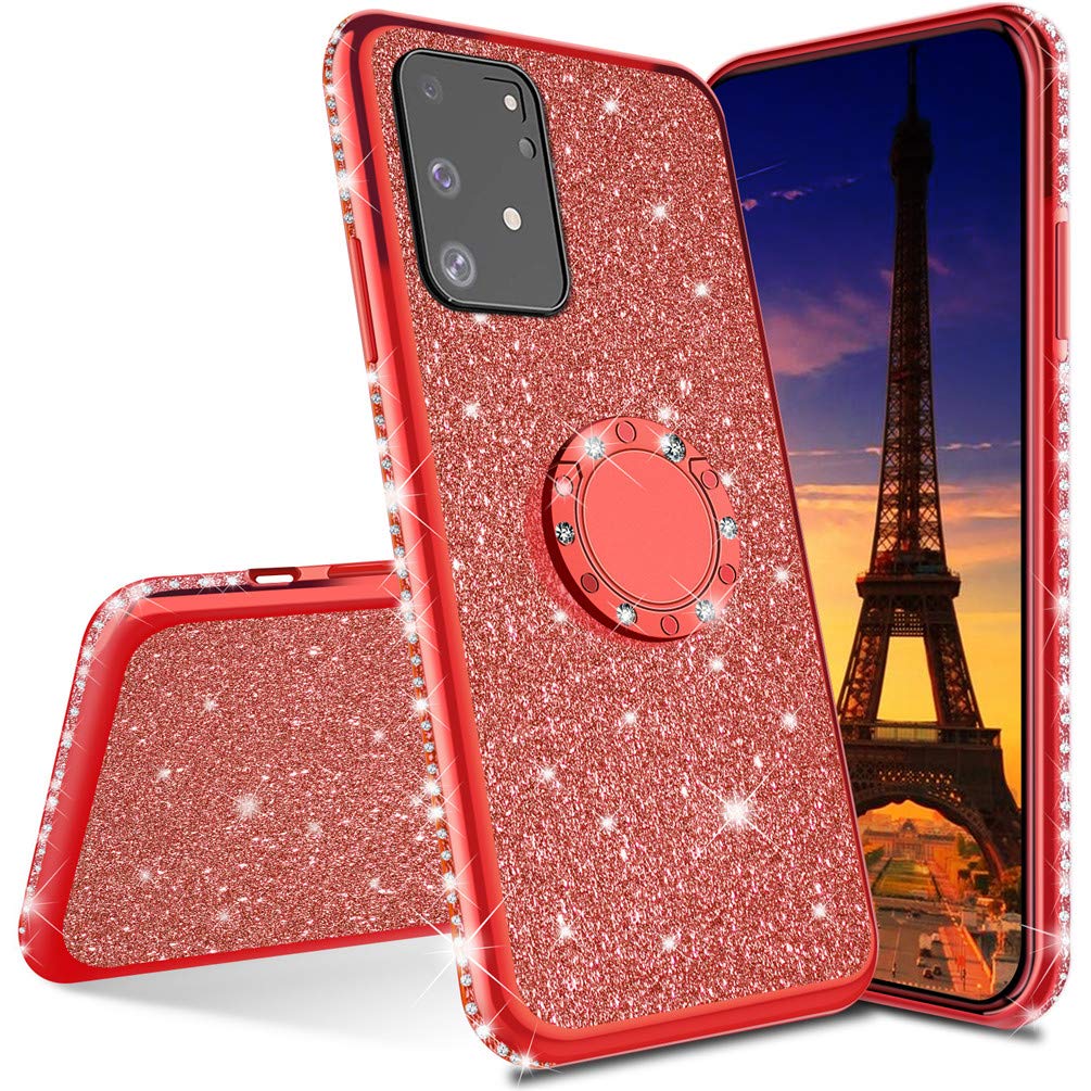 Samsung Galaxy A51 5G Case - Ultra Slim Glitter Bling Diamond Luxury TPU Soft Cover with Ring Stand Holder | Shockproof Protective Phone Case for Women | Perfect for Work, Travel & Everyday Use (Red)