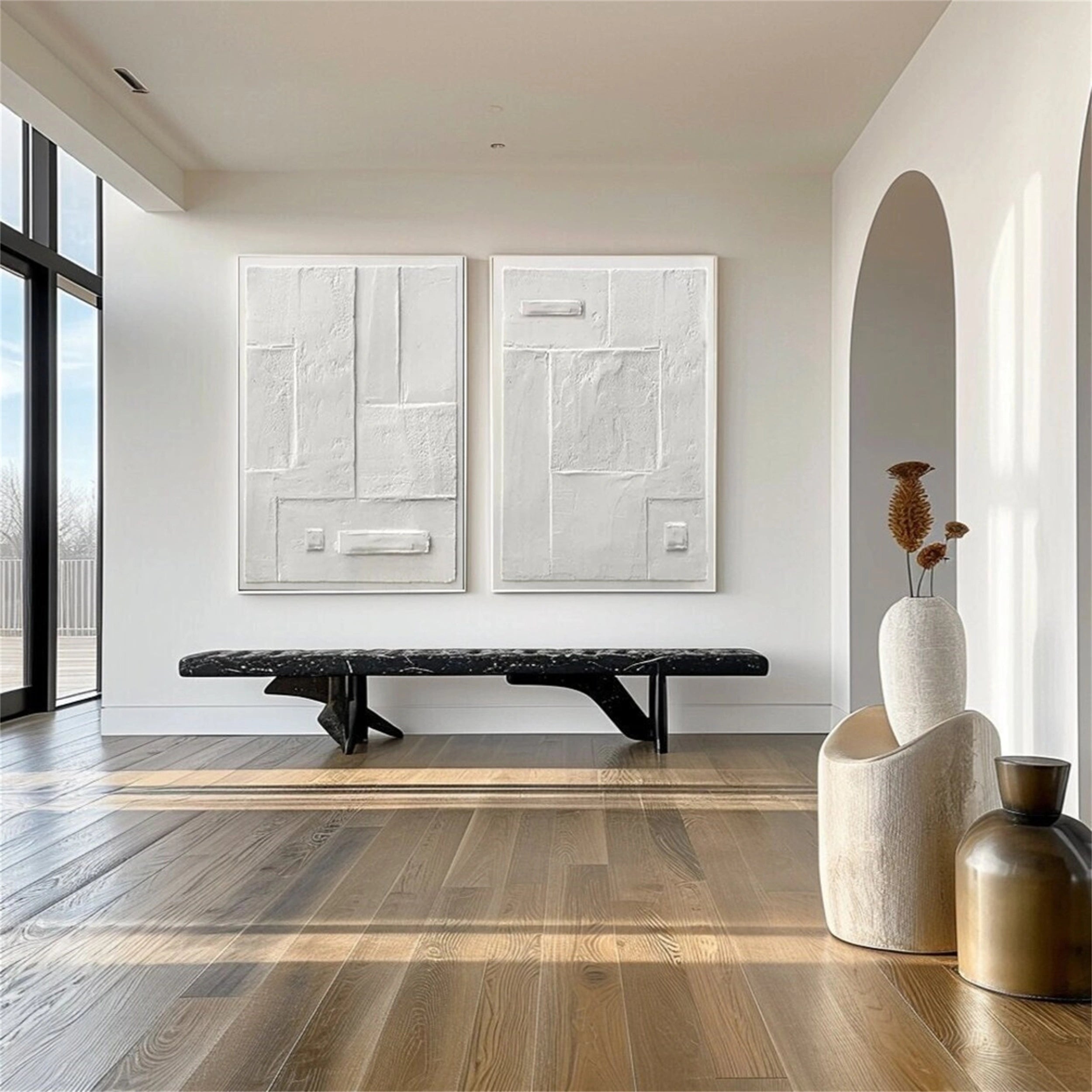 White Minimalist Textured Canvas Paintings Set of 2 - Modern Abstract Wall Art for Living Room & Bedroom Decor #MM146