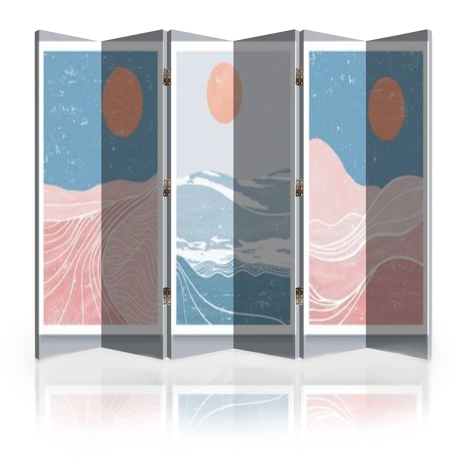 Mid Century Modern Canvas Room Divider - 6 Panel Folding Privacy Screen with Abstract Mountain Art Print | Minimalist Room Separator & Wall Partition for Living Room, Bedroom, Office