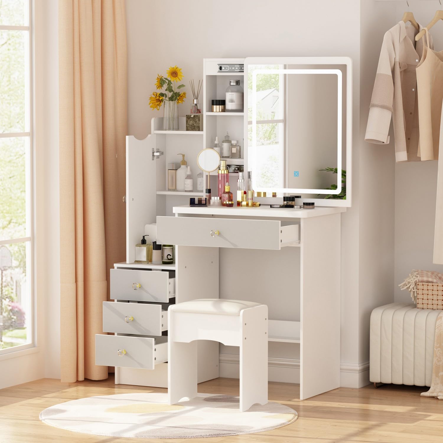 FAMAPY White and Grey Vanity Desk with Mirror & LED Lights, Makeup Dressing Table with Sliding Lighted Mirror, Cushion Stool, Drawers & Shelves - Perfect for Bedroom, Dorm Room & Beauty Salon Decor