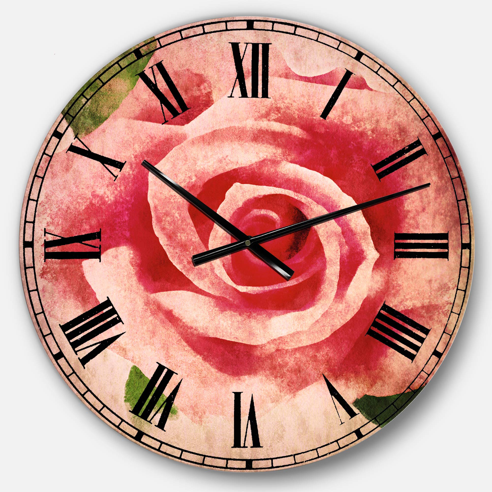 Designart Traditional Round Metal Wall Clock - Big Pink Rose Flower with Leaves Wall Art, Decorative Home Clock for Living Room, Bedroom & Office | Perfect for Vintage Home Decor & Gift Giving