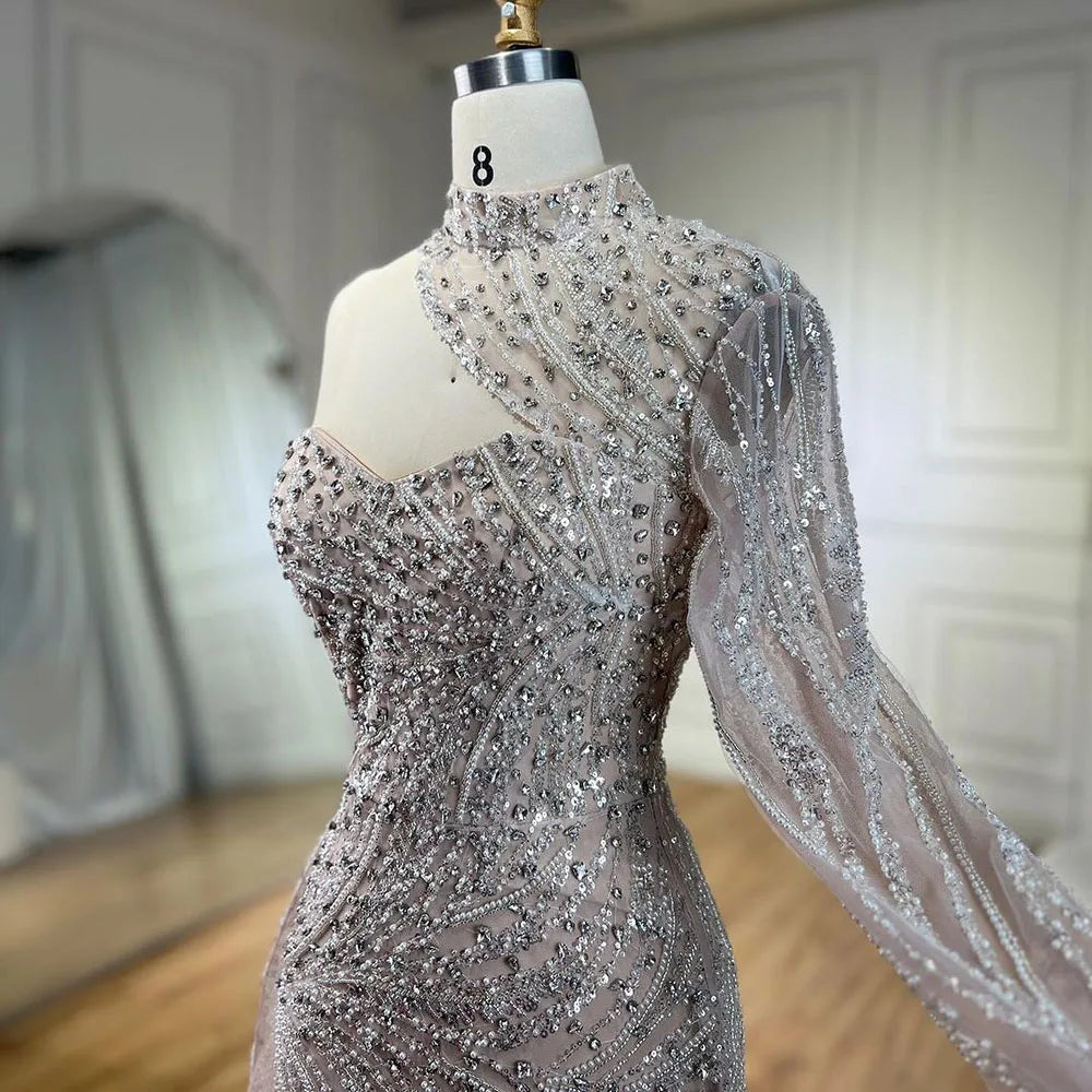 Elegant White Arabic Mermaid Evening Gown with Beaded One-Shoulder Design - Luxury Party Dress for Women 2025 | Perfect for Prom, Gala & Formal Events - LA72196