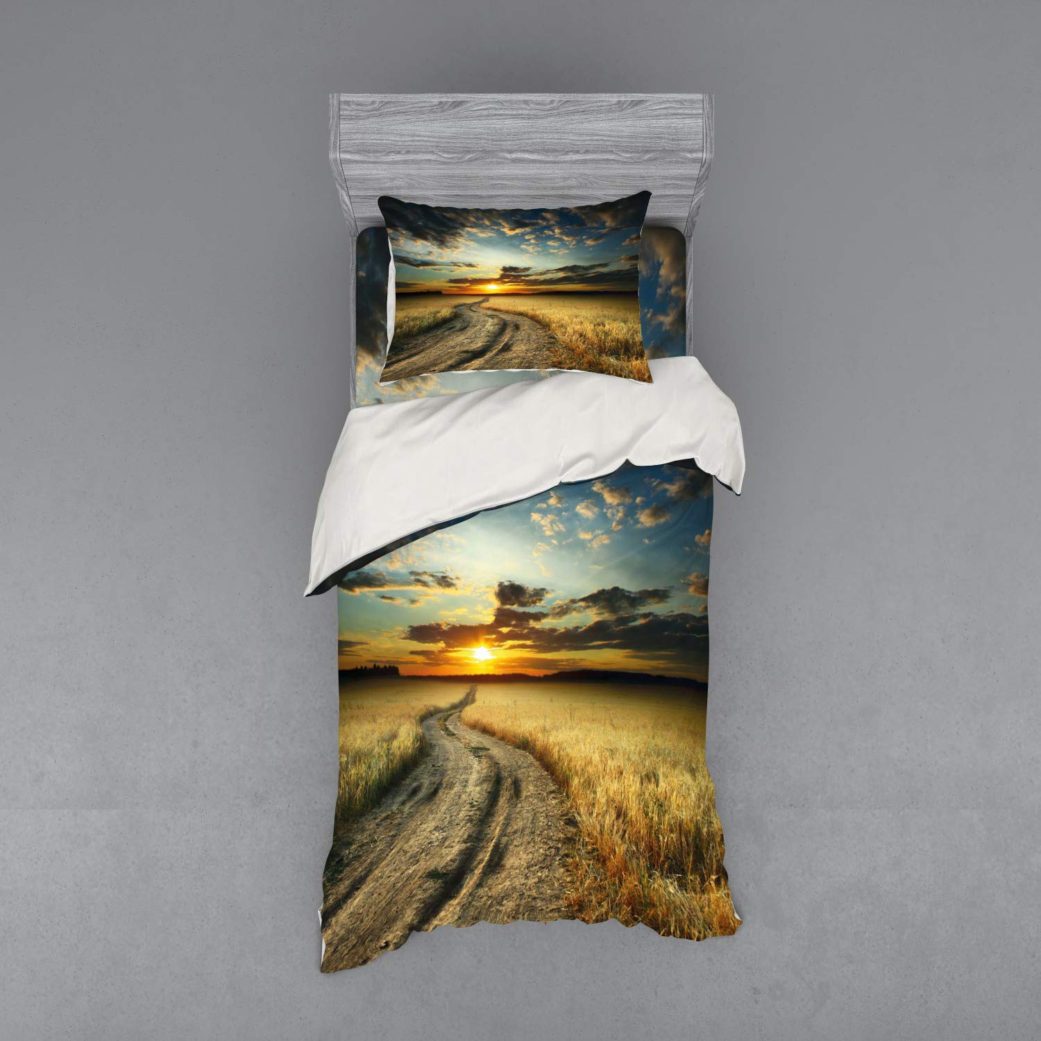 Ambesonne Nature Duvet Cover Set - Twin Size 3-Piece Bedding with Sham & Fitted Sheet, Yellow Wheat Field Road Landscape Under Sunset Sky | Farmhouse & Boho Chic Home Decor for Bedroom, Guest Room, Dorm