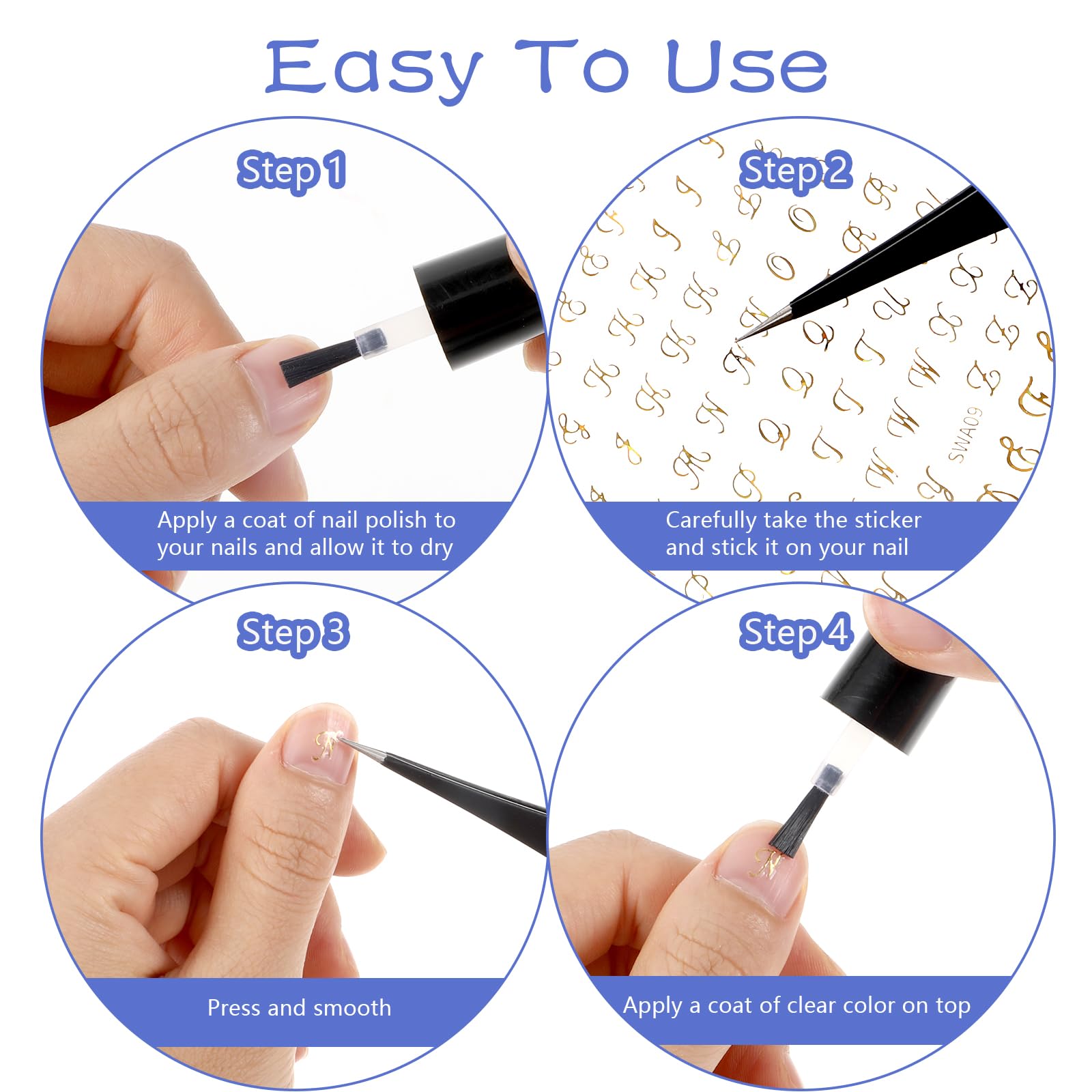14 Sheets 3D Self-Adhesive Nail Letter Stickers - Black White Gold Silver Old English Alphabet Nail Art Decals for Women & Girls | DIY Manicure Accessories for Parties, Weddings, and Special Occasions