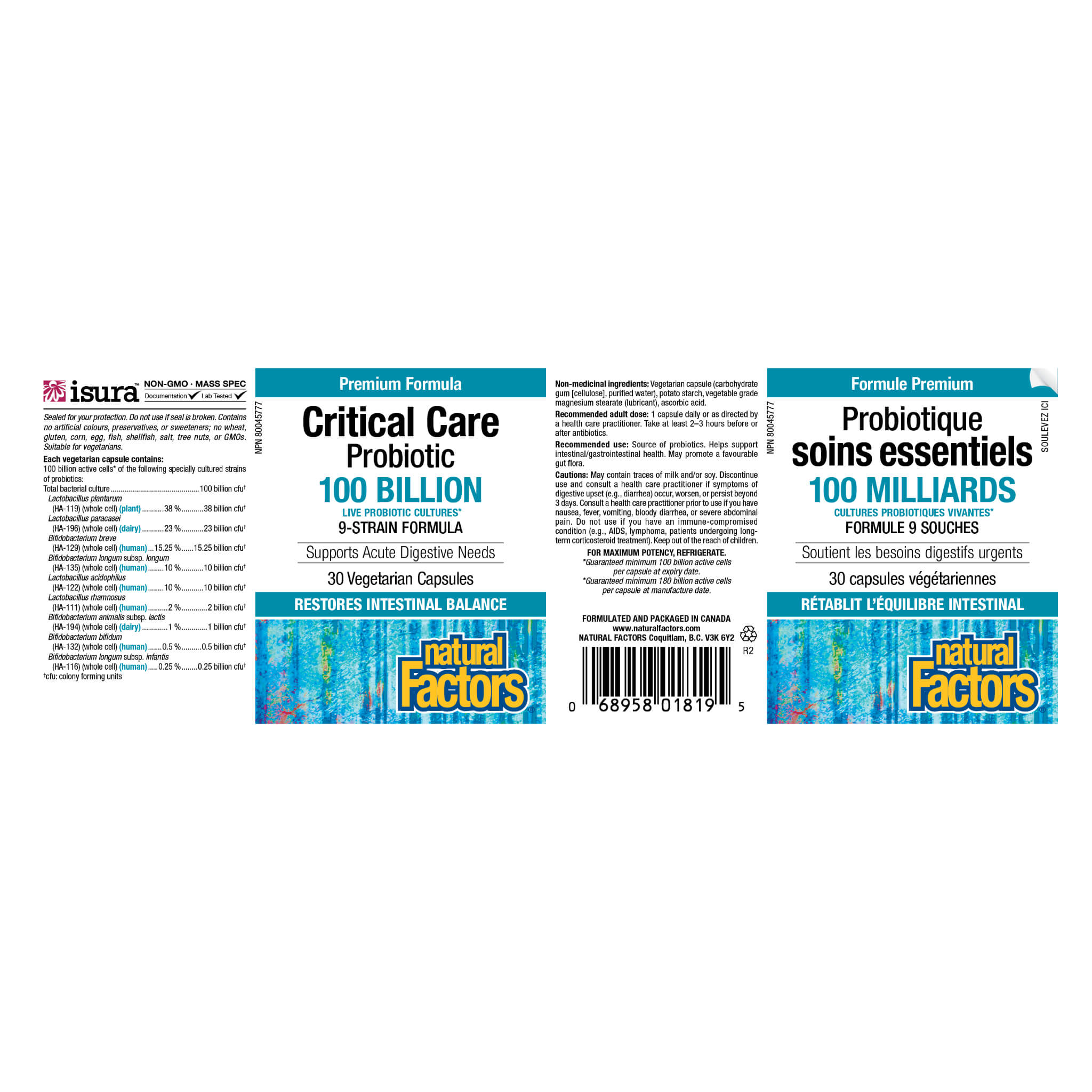 Critical Care Probiotic 100 Billion CFU - High Potency Live Probiotic Cultures for Digestive Health & Immune Support - Ideal for Travel, Antibiotic Recovery & Daily Wellness