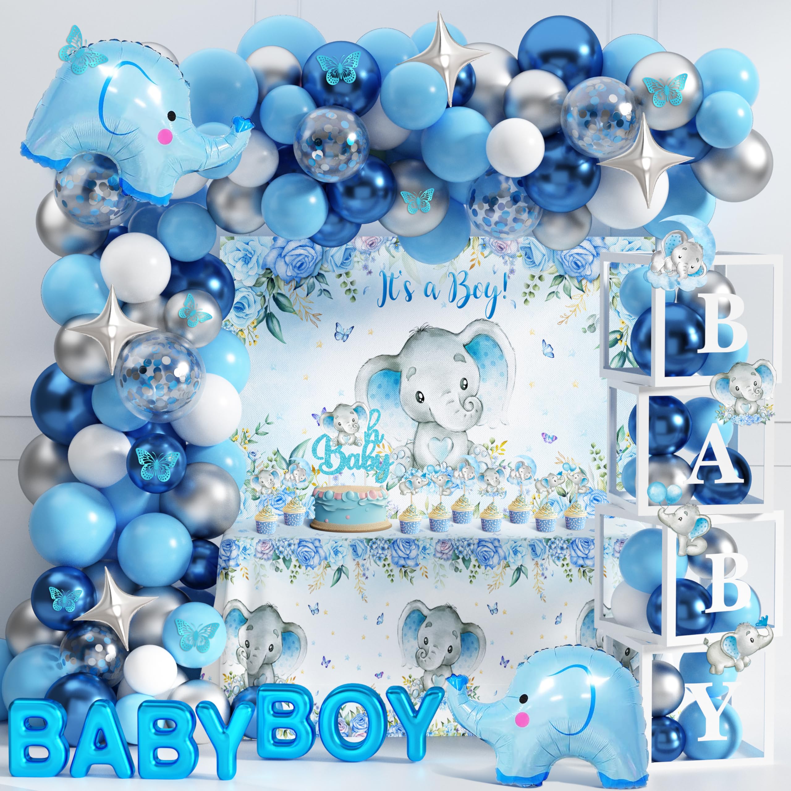 Adorable Elephant Baby Shower Decorations for Boys - Elephant Theme Birthday Party Supplies with Balloon Garland, Backdrop, Tablecloth & Cake Toppers | Perfect for Baby Shower, Gender Reveal & Nursery Decor