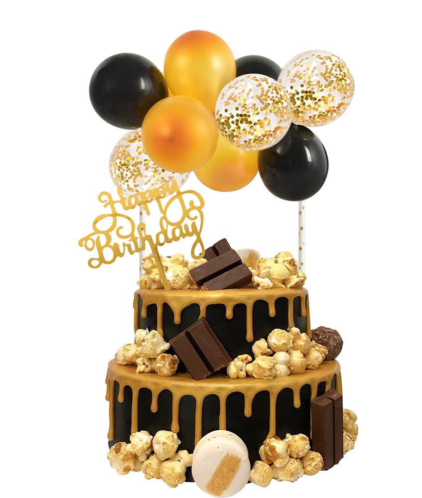 BEISHIDA 5 Inch 10pcs Black Gold Balloon Cloud Cake Topper Set - Happy Birthday Mini Balloon Garland with Letter Decorations for Birthday Cakes, Party Decor, Baby Showers & Wedding Celebrations