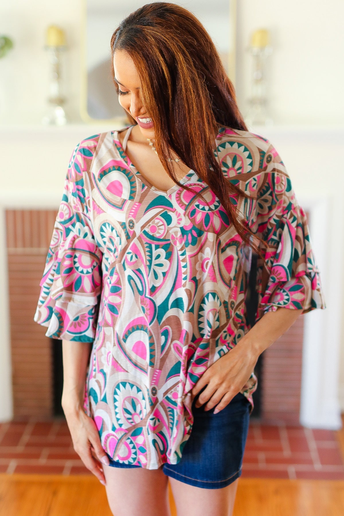 Eyes On You Teal Paisley Double Ruffle Sleeve Blouse | Women's Fashion Boho Chic Top for Date Night & Summer Outfits