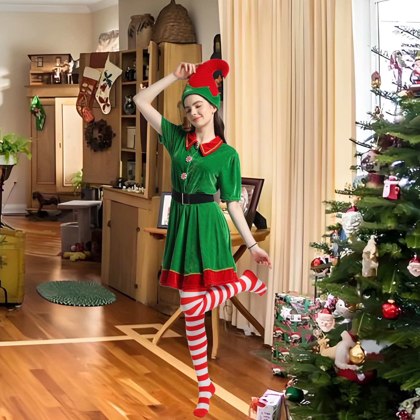 Festive Christmas Elf Costume Set for Women - Green Dress, Red Striped Stockings, Elf Hat & Belt (Sizes S-XL) | Holiday Party Outfit, Cosplay, Themed Events