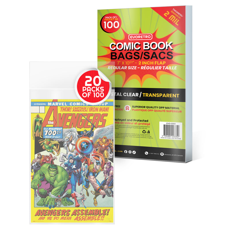 Evoretro 2 MIL Clear Comic Book Bags for Regular Comics - Acid-Free Archival Protection for Collectible Storage & Display