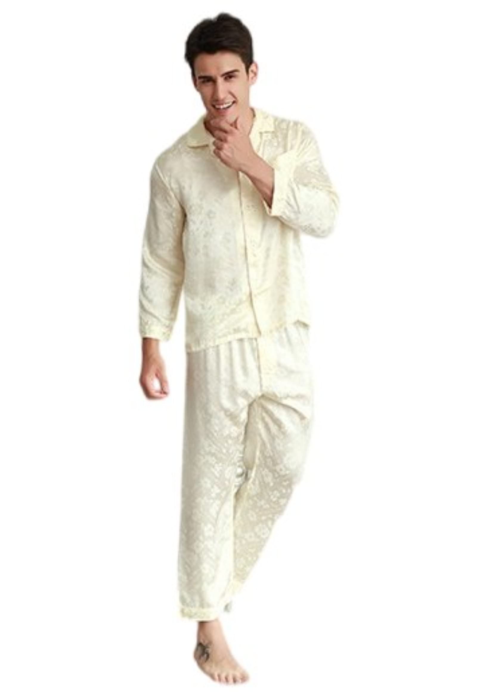 Premium Men's Mulberry Silk Pajama Set - Long Sleeve Solid Color Jacquard Loungewear for Spring & Autumn | Comfortable Sleepwear for Home, Travel & Relaxation