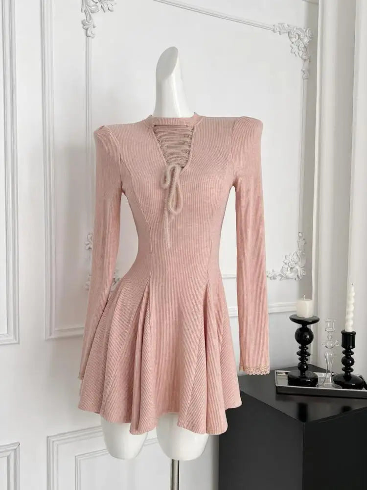 2024 Women's Sweet Pink Lace-Up Round Neck Long Sleeve Pleated Mini Dress | High Waist Knit Dress for Autumn Winter | Elegant & Sexy Party, Date Night, Office Wear
