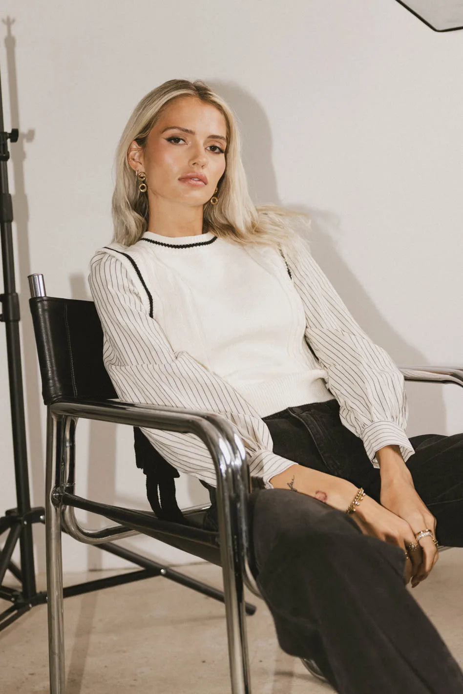 Montie Striped Sweater Top Women's Cream Knit Pullover - Cozy Casual Wear for Fall & Winter | Perfect for Office, Dates & Weekend Outings