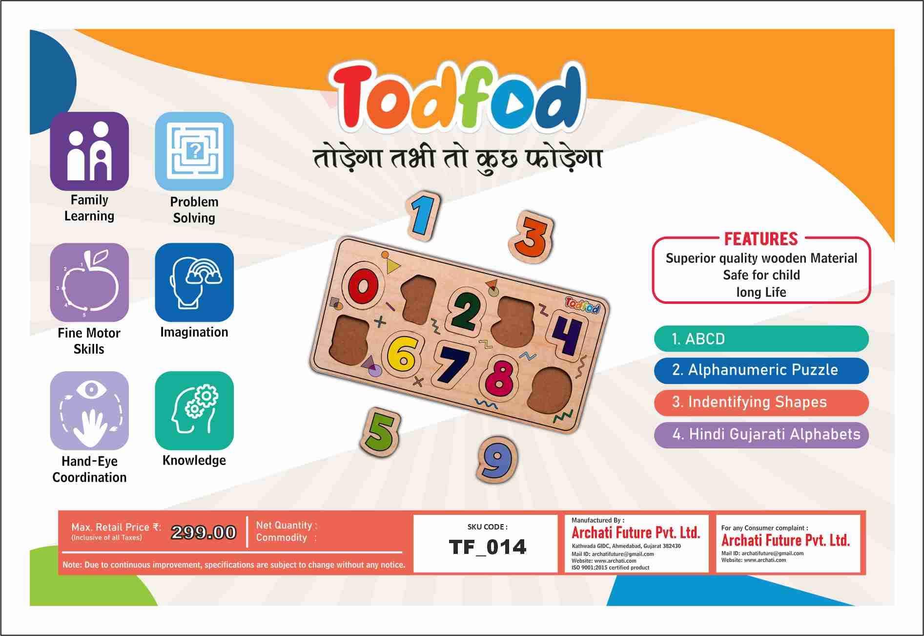 TodFod Wooden Number Puzzle Toy for Kids - 0 to 9 Educational Counting Learning Board with Knob Handle & Colorful Pictures | Montessori Math Game for Toddlers, Preschool Classroom & Homeschooling Activities