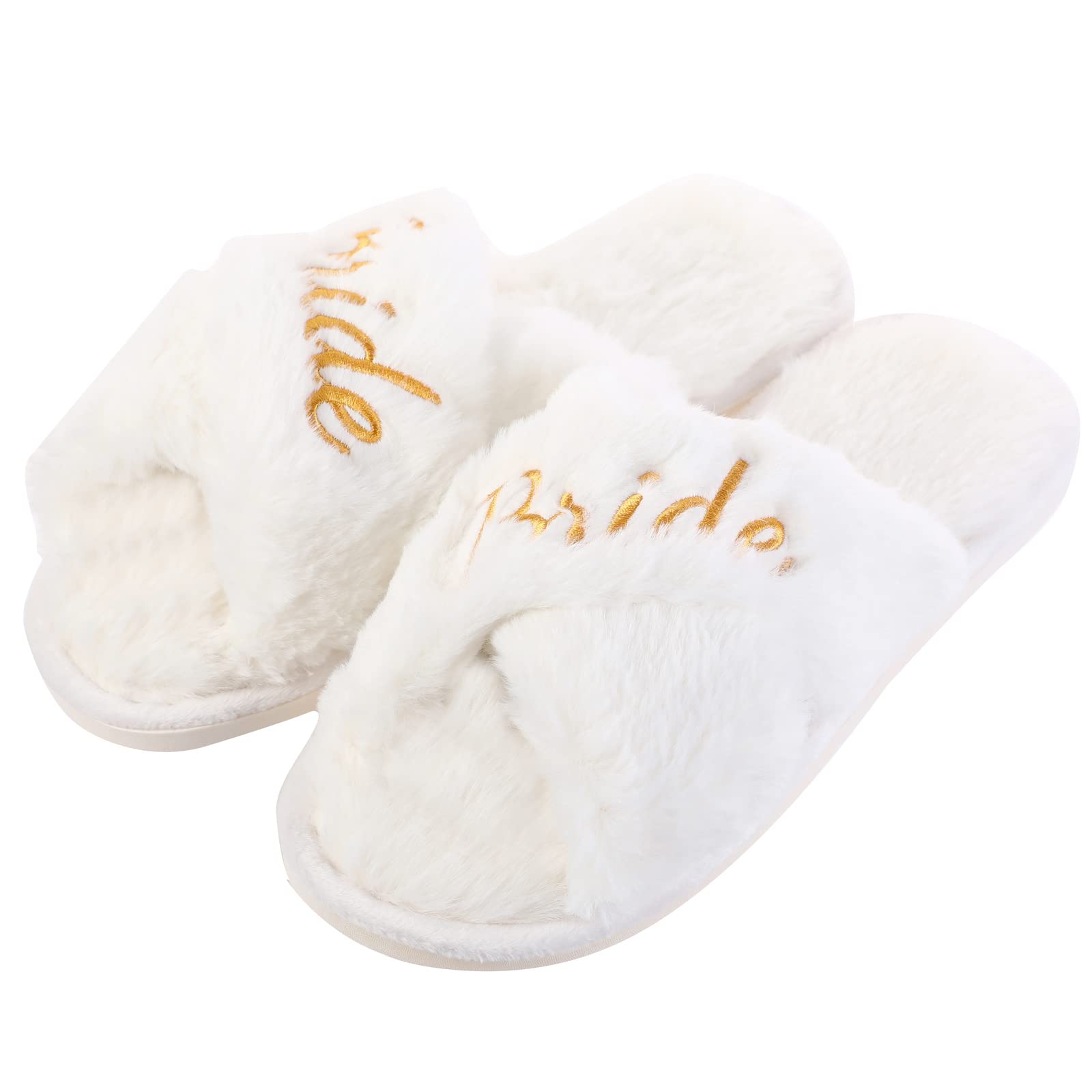 White Fuzzy Bridal Slippers for Wedding Day - Soft Plush Bride Slippers for Bachelorette Party, Bridal Shower Gift - Perfect for Getting Ready Photos & Wedding Morning Comfort