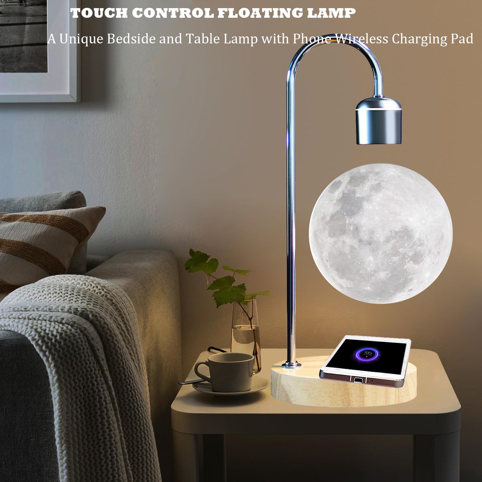 Levitating Moon Lamp with Wireless Charger - Floating LED Night Light for Apple & Android - Magnetic Levitation 3D Desk Lamp for Home Office Decor, Unique Christmas Gift - Perfect for Bedroom, Nursery & Romantic Ambiance