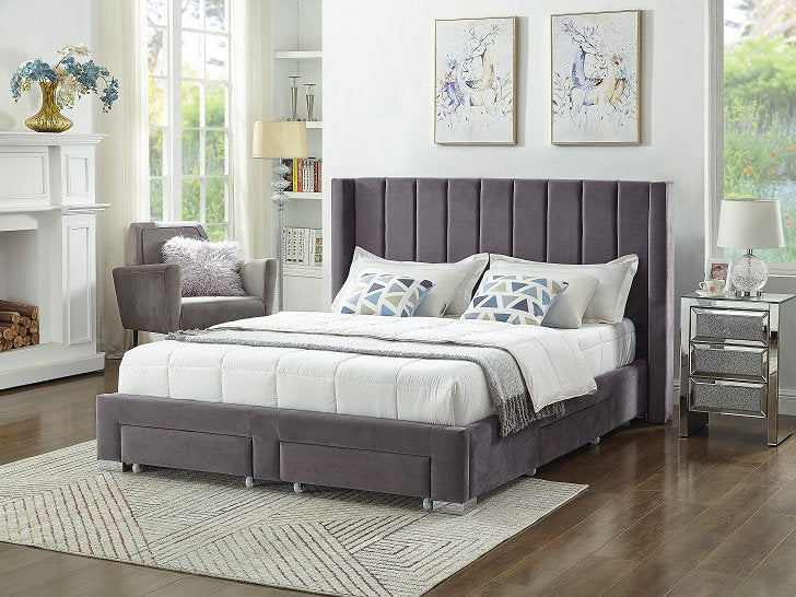 Grey Velvet Fabric Wing Storage Bed with 4 Pull-Out Drawers - Model #5310 | Luxurious Upholstered Platform Bed Frame for Master Bedroom, Guest Room & Small Spaces