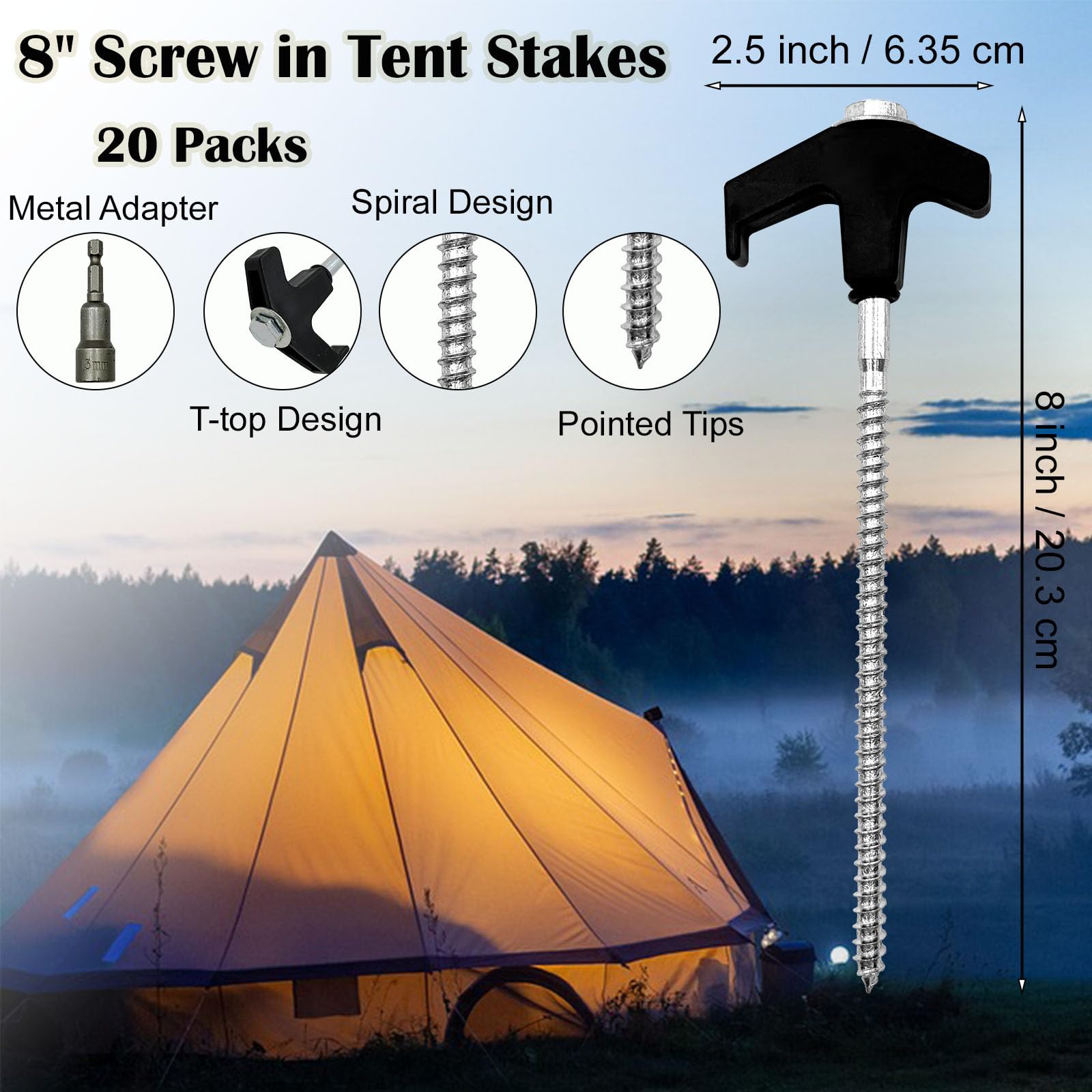 20 Pack 8 Inch Heavy Duty Screw-in Tent Stakes - Hex Head Drillable Camping Pegs for Canopies, Patio, Garden & Outdoor Use - Perfect for Camping, Backpacking, Picnics & Beach Tents (Black)