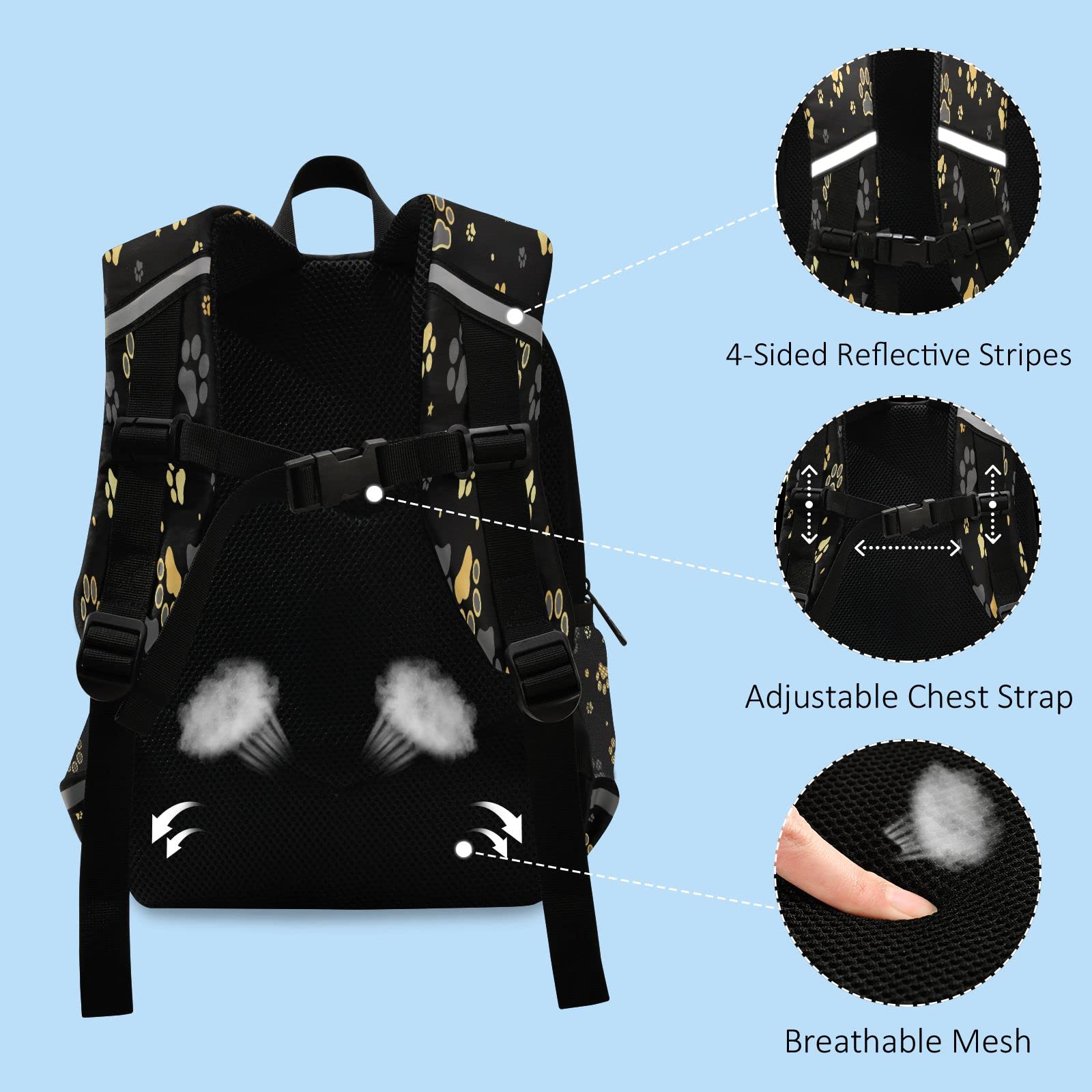 Kcldeci Gold Dog Paw Print & Star Kids Backpack with Safety Leash - Anti-Lost Toddler Backpack for Boys & Girls | Perfect for Preschool, Daycare & Travel