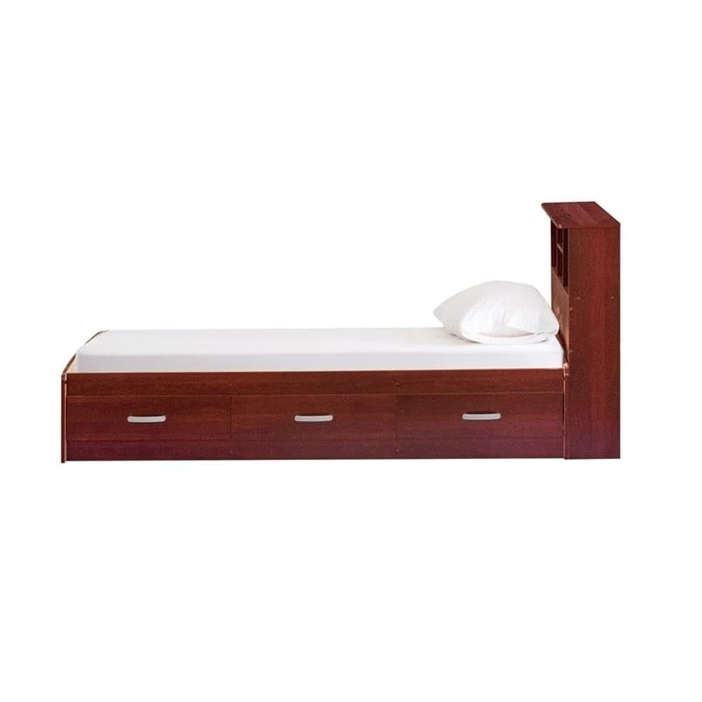 Pemberly Row Modern Wooden Twin Size Captains Bed with Storage Drawers in Rich Mahogany Finish - Perfect for Kids Rooms, Guest Bedrooms & Small Space Living