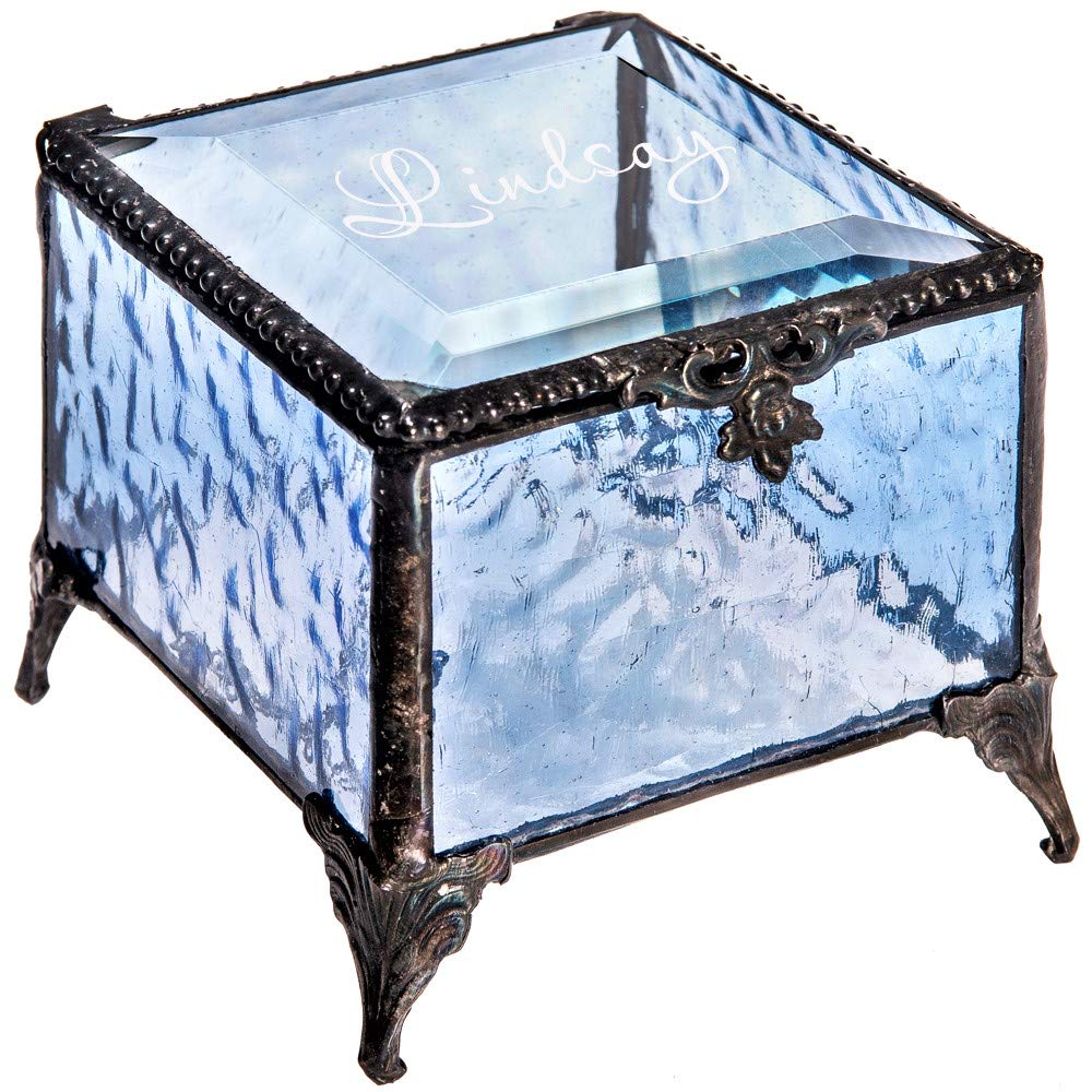 Vintage Blue Glass Jewelry Box - Personalized Keepsake Gift for Women | Home Decor & Storage