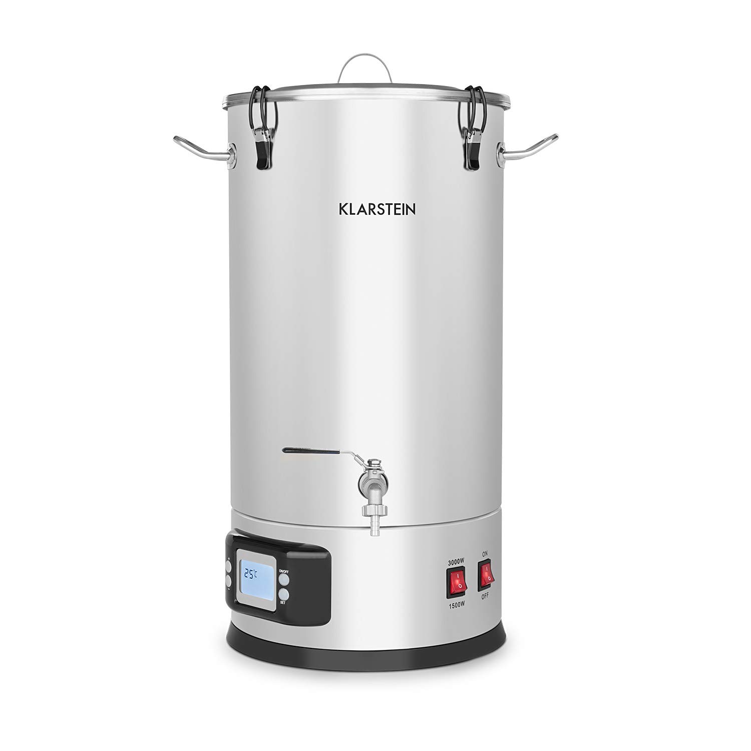 Klarstein Maischfest Mash Tun - Beer Brewing Barrel, Homebrew Fermentation Kit, 5-Piece Set, 1500W & 3000W, 25L Capacity, LCD Display, Adjustable Temperature, Stainless Steel - Perfect for Craft Beer Making & Home Brewing Enthusiasts