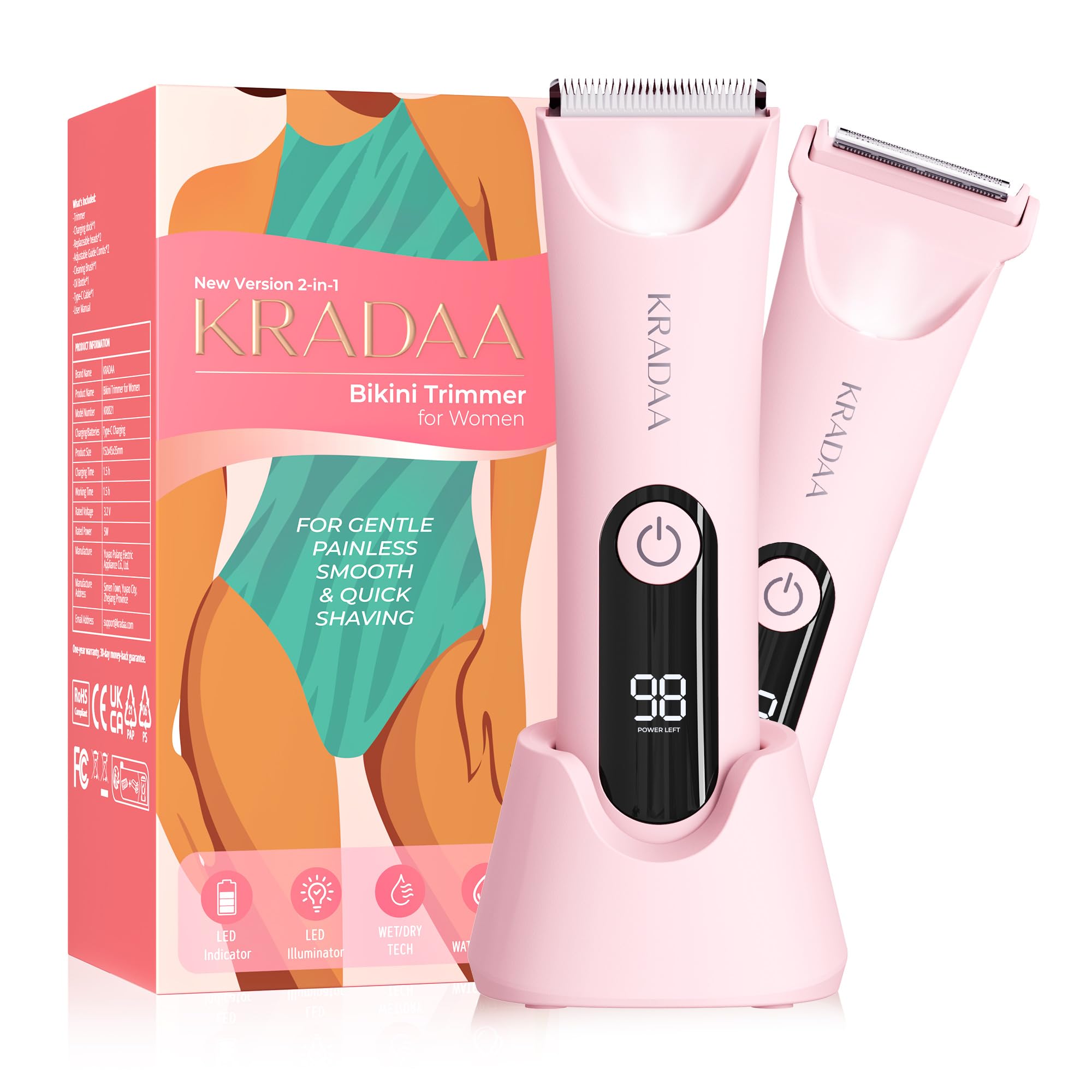 Painless Electric Bikini Trimmer for Women - Rechargeable Pubic Hair Shaver with IPX7 Waterproof Design for Body & Underarm Hair (Pink) | Perfect for Travel, Gym & Sensitive Skin Care