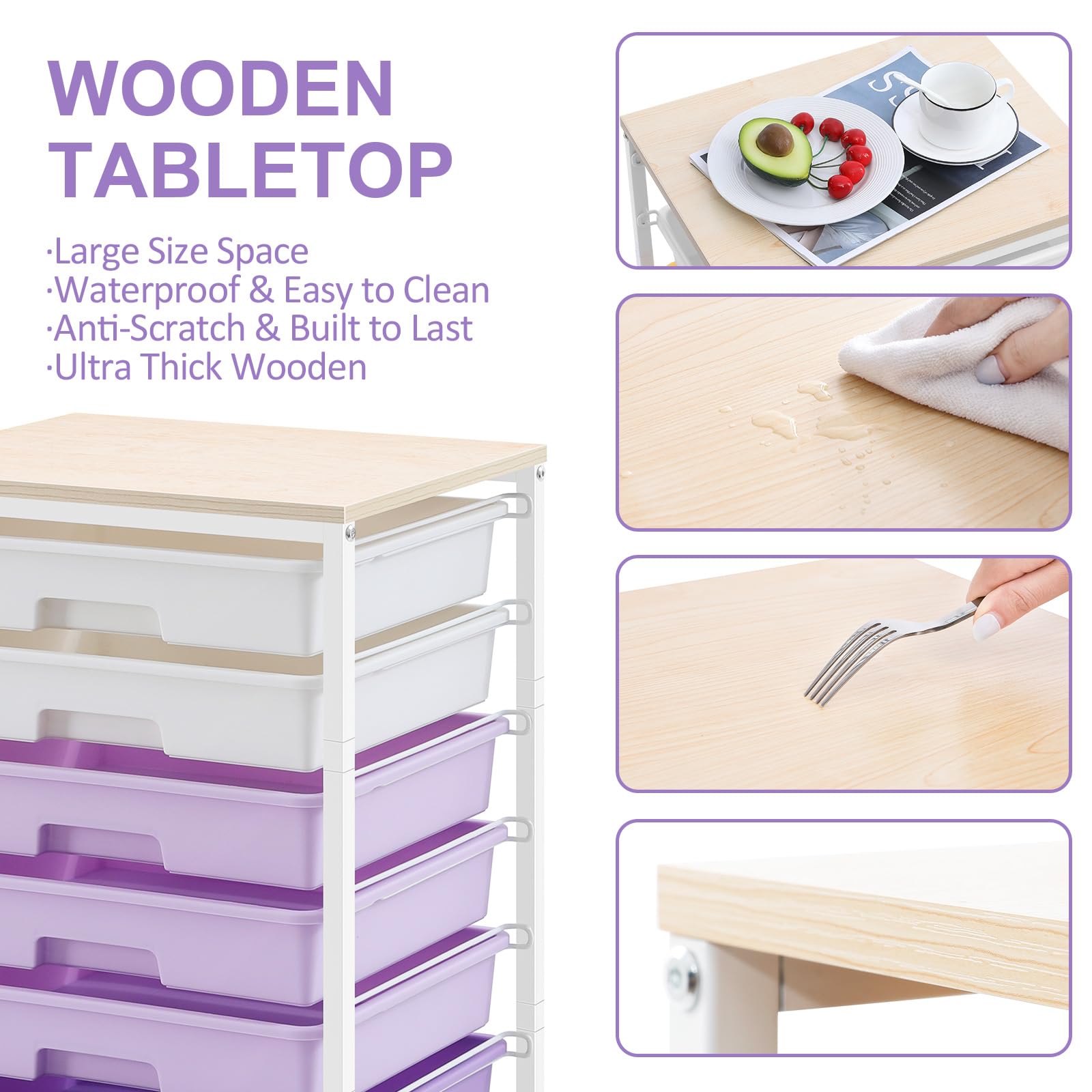 8-Drawer Rolling Storage Cart with Wooden Tabletop - Mobile Utility Cart for Living Room, Bedroom, Office, Classroom & Dorm Organization - Perfect for Craft Supplies, Bathroom Essentials & Home Storage (Purple)
