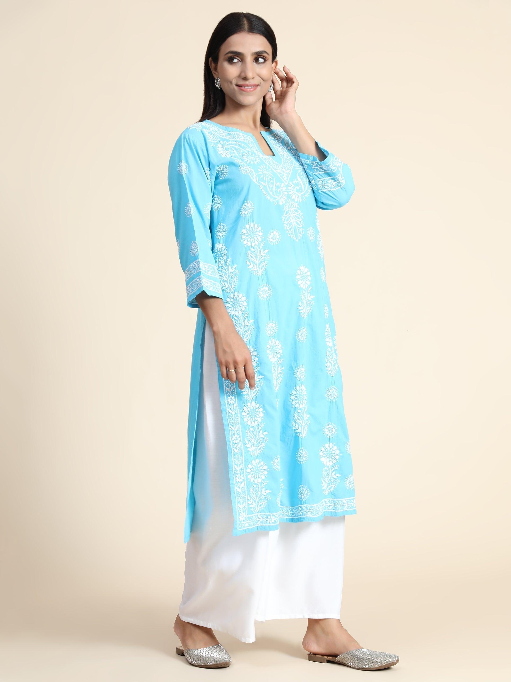Hand Embroidered Chikankari Long Kurti for Women | Elegant Casual Wear | Traditional Indian Tunic | Perfect for Festivals, Parties & Daily Wear