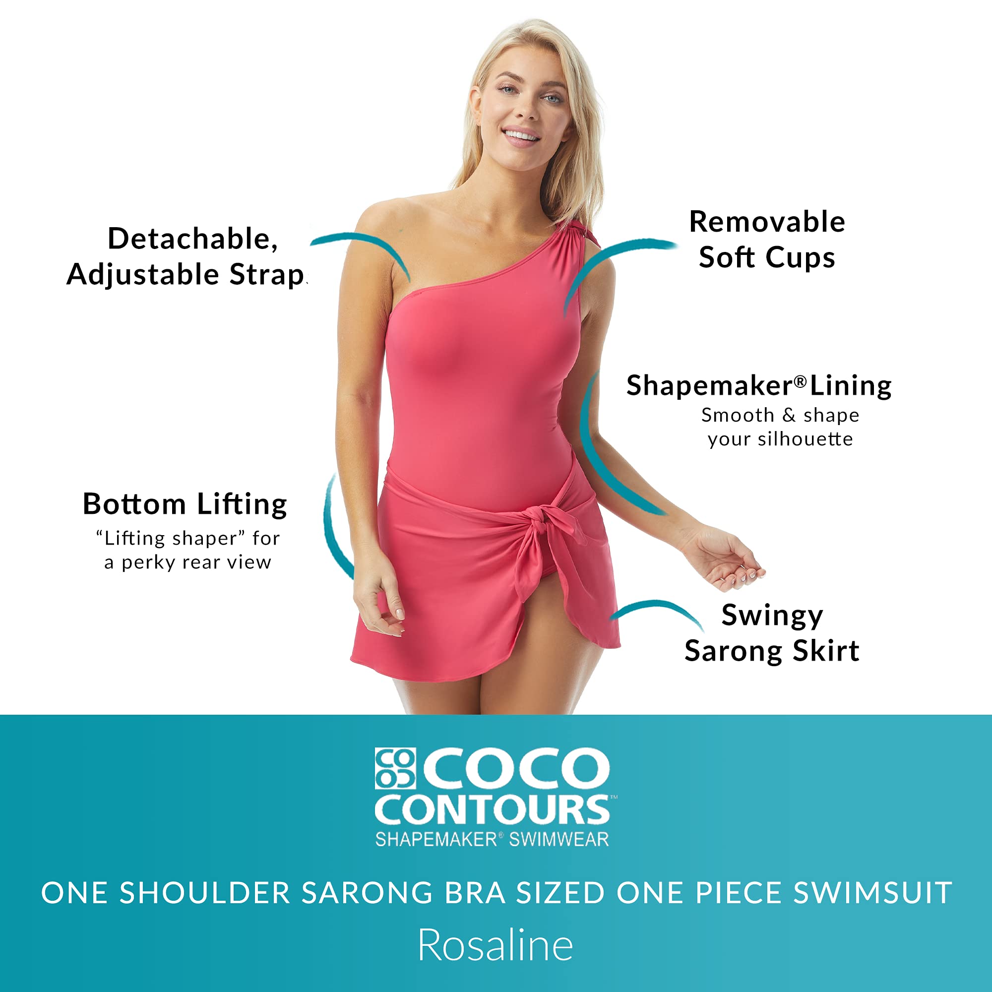 Coco Contours Rosaline One Shoulder Sarong Monokini Swimsuit — Bra Sized Figure Shaping Swimwear for Women | Beach Vacation, Pool Party & Summer Getaways