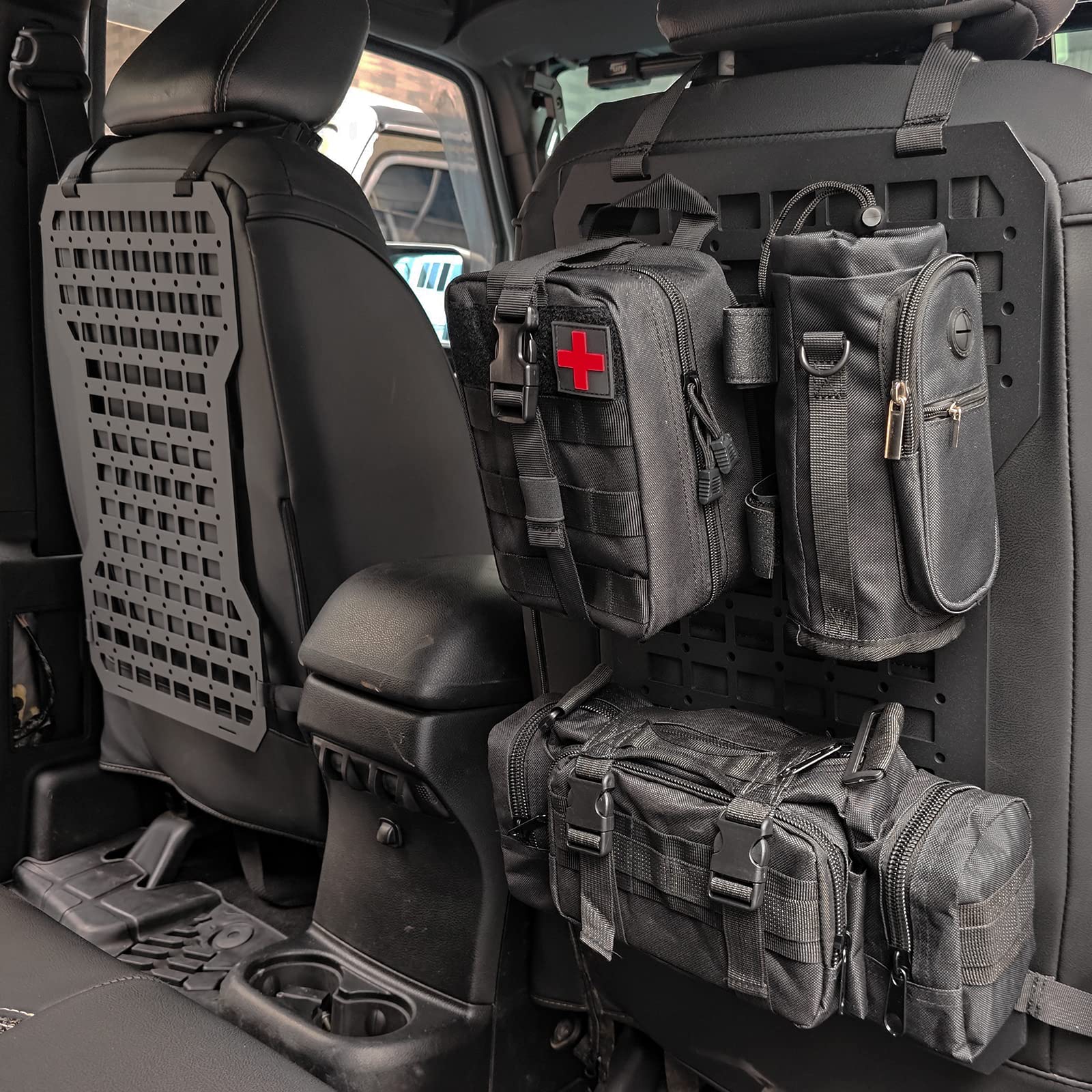 2-Pack Tactical Rigid MOLLE Aluminum Insert Panel with Multifunctional Storage Bag, First Aid Utility Pouch & Water Bottle Holder - Modular Platform with 20 Fastening Straps for Jeep, SUV, Car - Perfect for Outdoor Adventures, Emergency Preparedness & Vehicle Organization