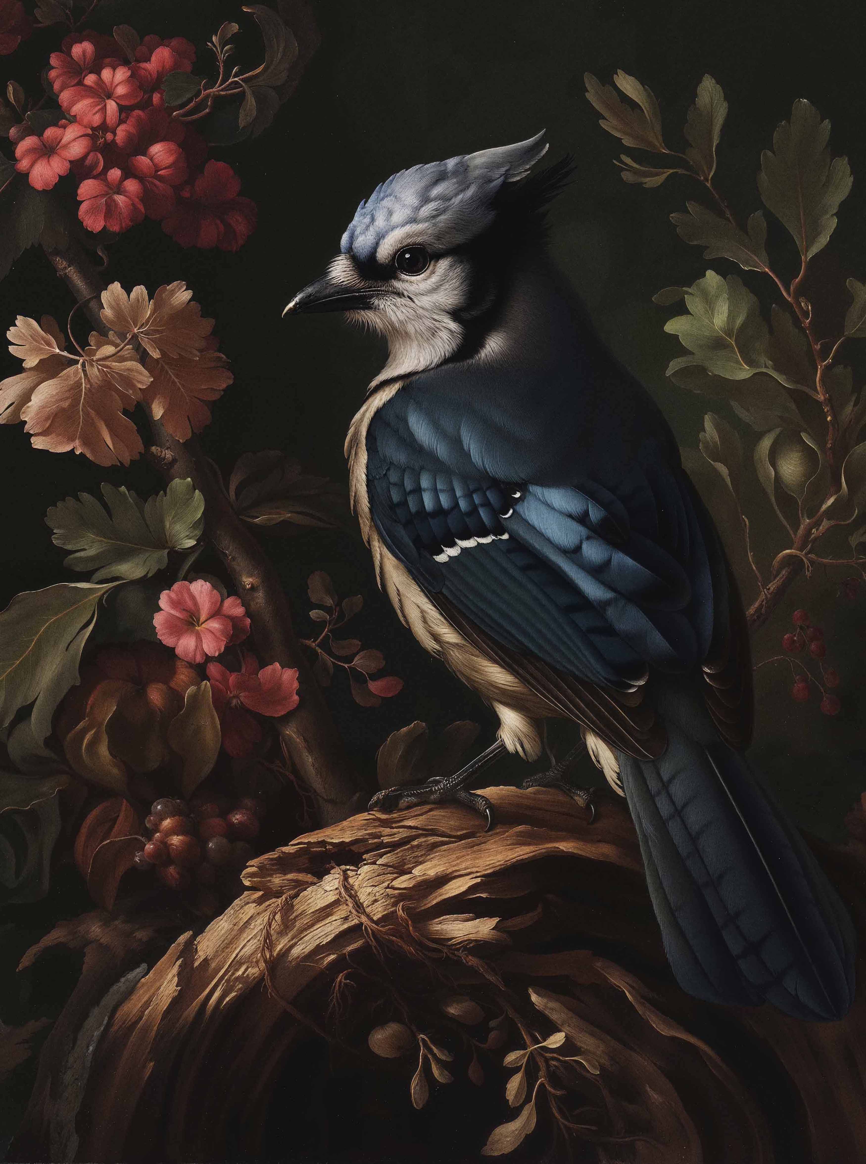 Blue Jay Among Flowers - Limited Edition Elegant Canvas Wall Art for Home & Office Decor | Nature-Inspired Painting for Living Room, Bedroom, or Gift