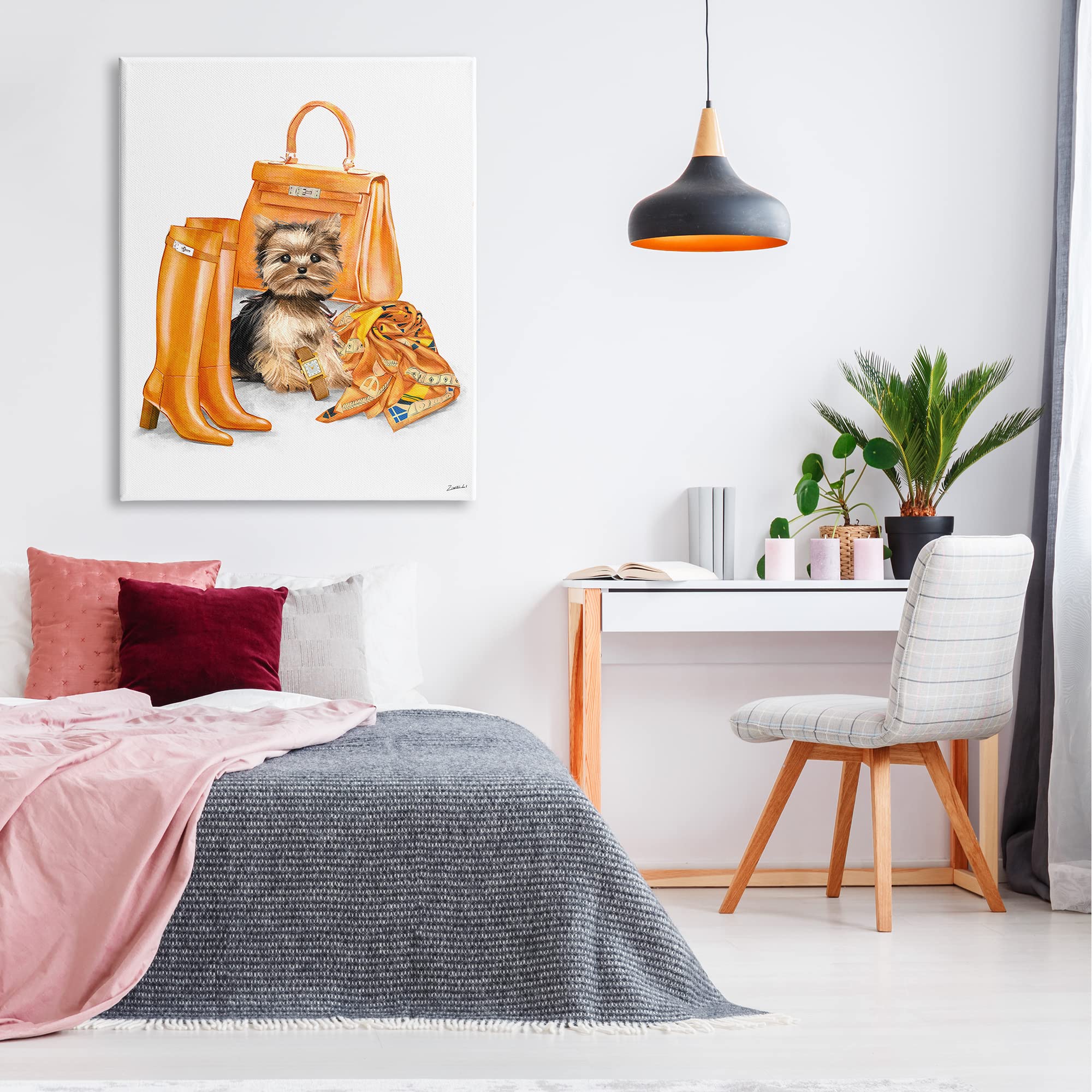 Stupell Industries Orange Yorkie Puppy Dog Fashion Purse Accessories - Cute Yorkie Design by Ziwei Li, 36x48 Inch Orange Wall Art - Perfect for Pet Lovers, Home Decor & Gift Ideas