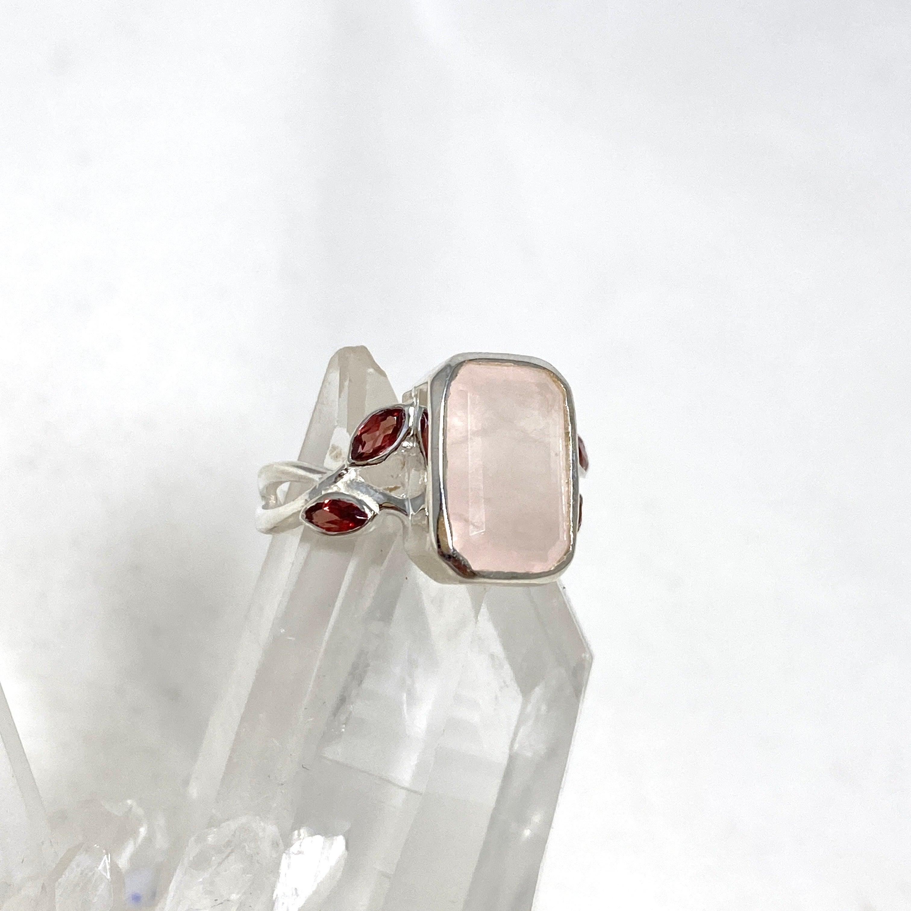 Rose Quartz Faceted Rectangular Multistone Ring with Botanical Details R3806 - Elegant Healing Crystal Jewelry for Women, Perfect for Meditation, Yoga & Spiritual Gifts