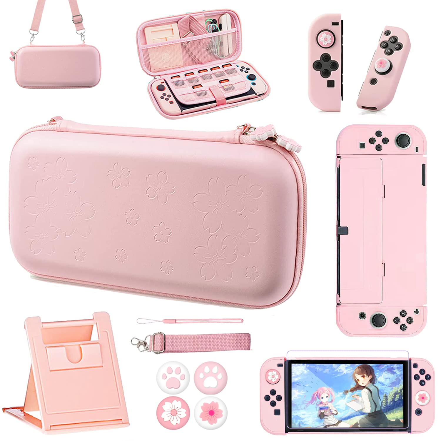 Pink Travel Carrying Case Accessories Kit for Nintendo Switch OLED 2021 - 10-in-1 Protection Set with Hard Cover, Screen Protector, Stand & Thumb Grips | Perfect for Gaming On-The-Go & Travel Protection