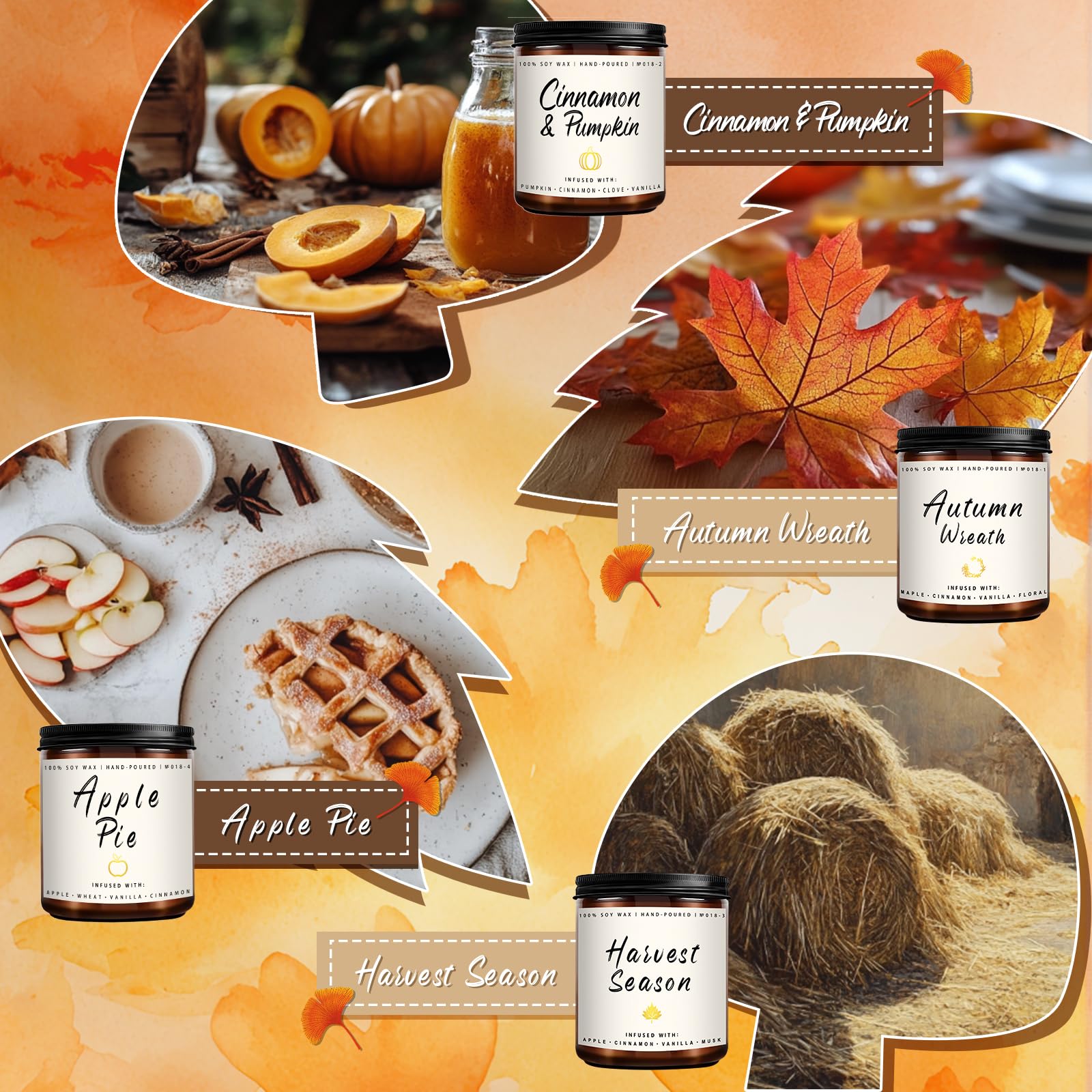 4 Pack Fall Scented Soy Candles Set - Apple Pie, Cinnamon, Harvest & Wreath Fragrances | Home Decor Aromatherapy Candles for Women & Men | Perfect for Thanksgiving Decor, Cozy Evenings & Holiday Gifting