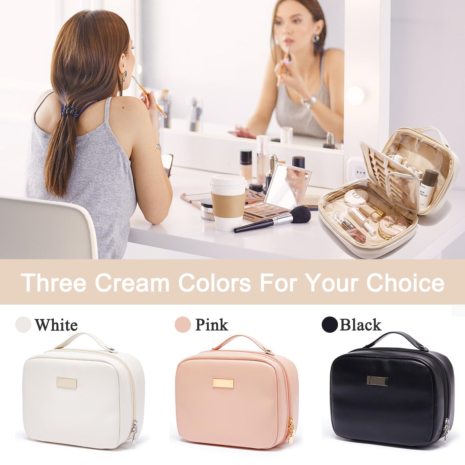 Large Capacity Travel Makeup Bag with Clear Double-Sided Compartments & Brush Holder - Waterproof PU Leather Cosmetic Organizer & Toiletry Bag for Women (Beige) - Perfect for Air Travel, Gym, and Daily Beauty Essentials